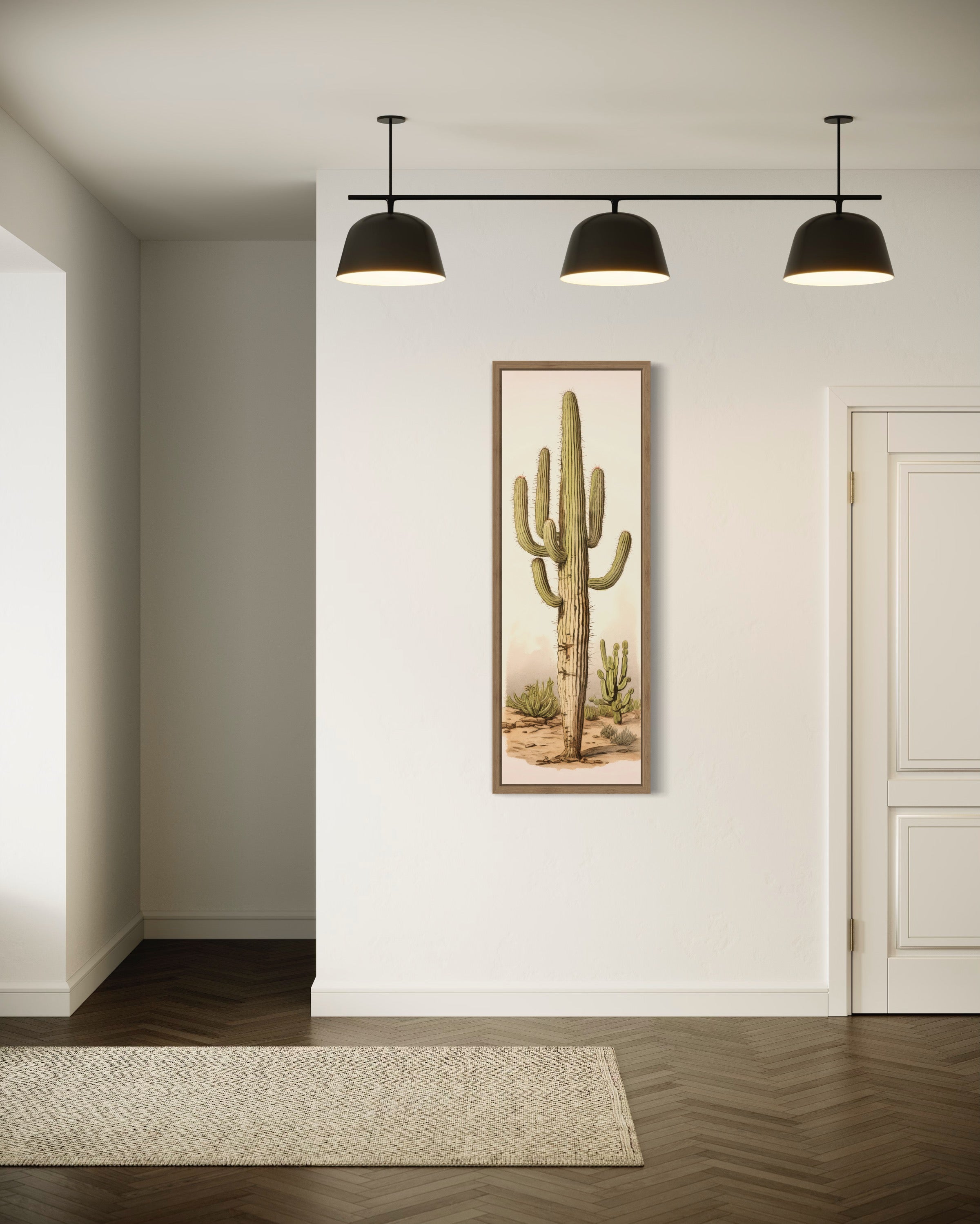 Tall Vertical Saguaro Cactus Neutral Slim Framed Canvas Wall Art