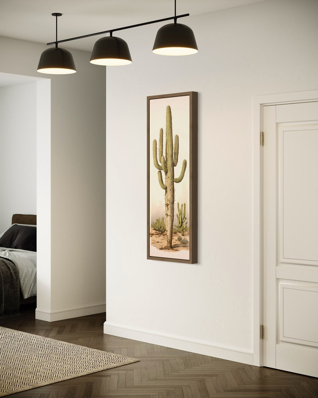 Tall Vertical Saguaro Cactus Neutral Slim Framed Canvas Wall Art