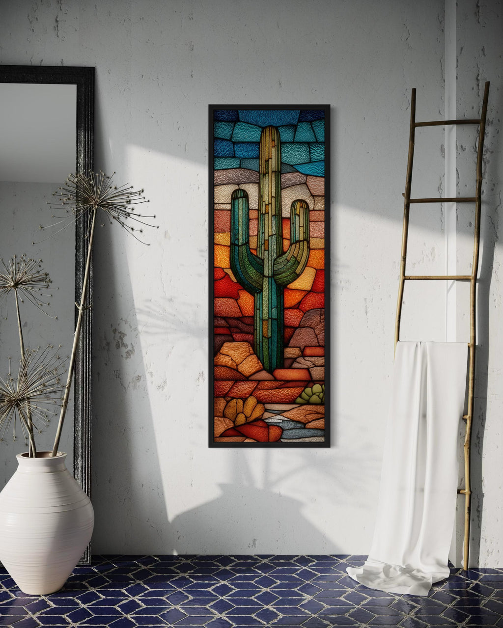 Tall Vertical Stained Glass Style Saguaro Cactus Wall Art