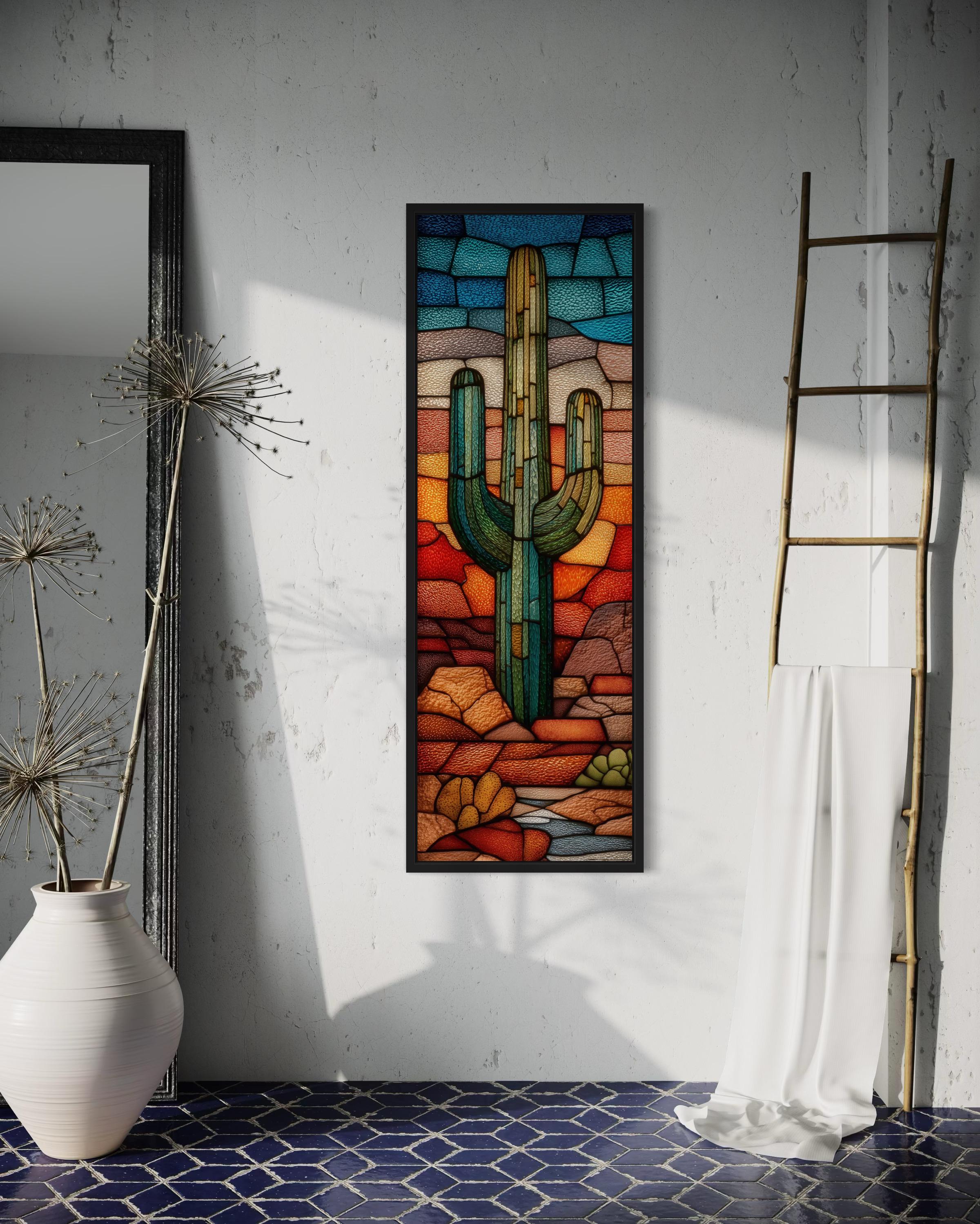Tall Vertical Stained Glass Style Saguaro Cactus Wall Art