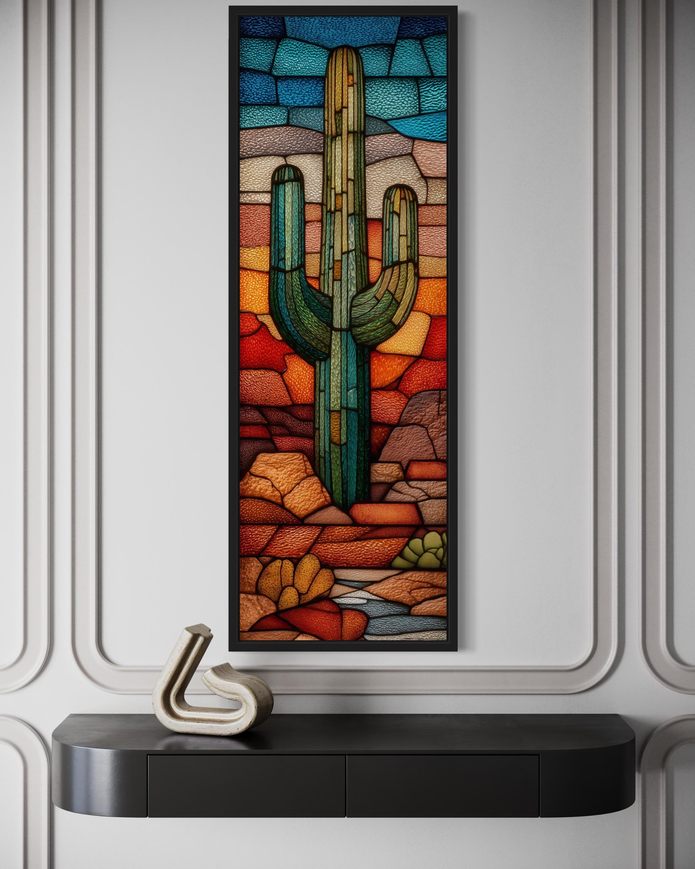 Tall Vertical Stained Glass Style Saguaro Cactus Wall Art