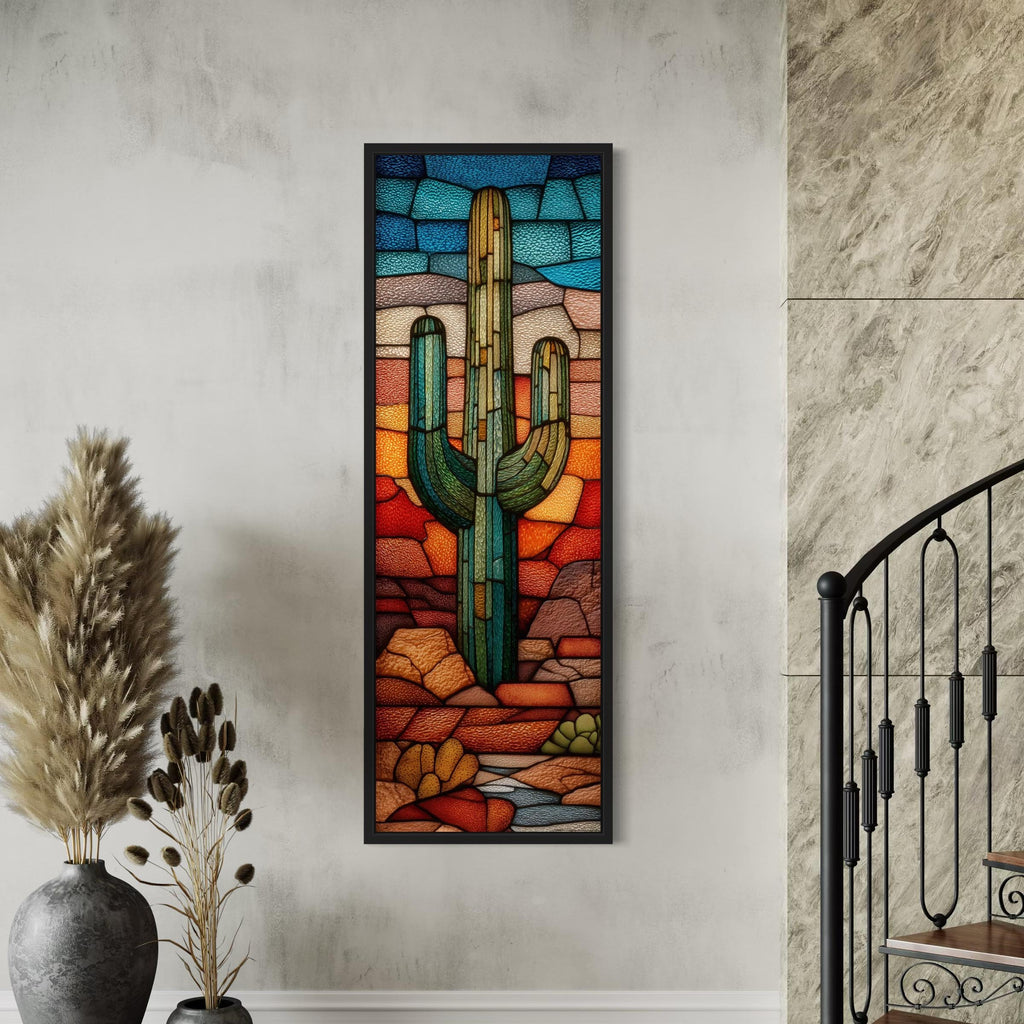 Tall Vertical Stained Glass Style Saguaro Cactus Wall Art