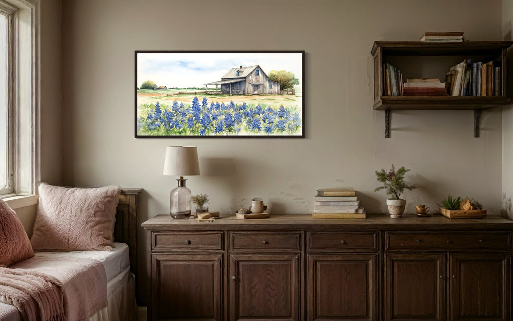 Texas Barn Wall Art – Rustic Farmhouse Decor With Bluebonnet Field Print Canvas
