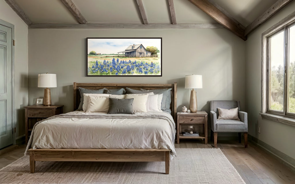Texas Barn Wall Art – Rustic Farmhouse Decor With Bluebonnet Field Print Canvas