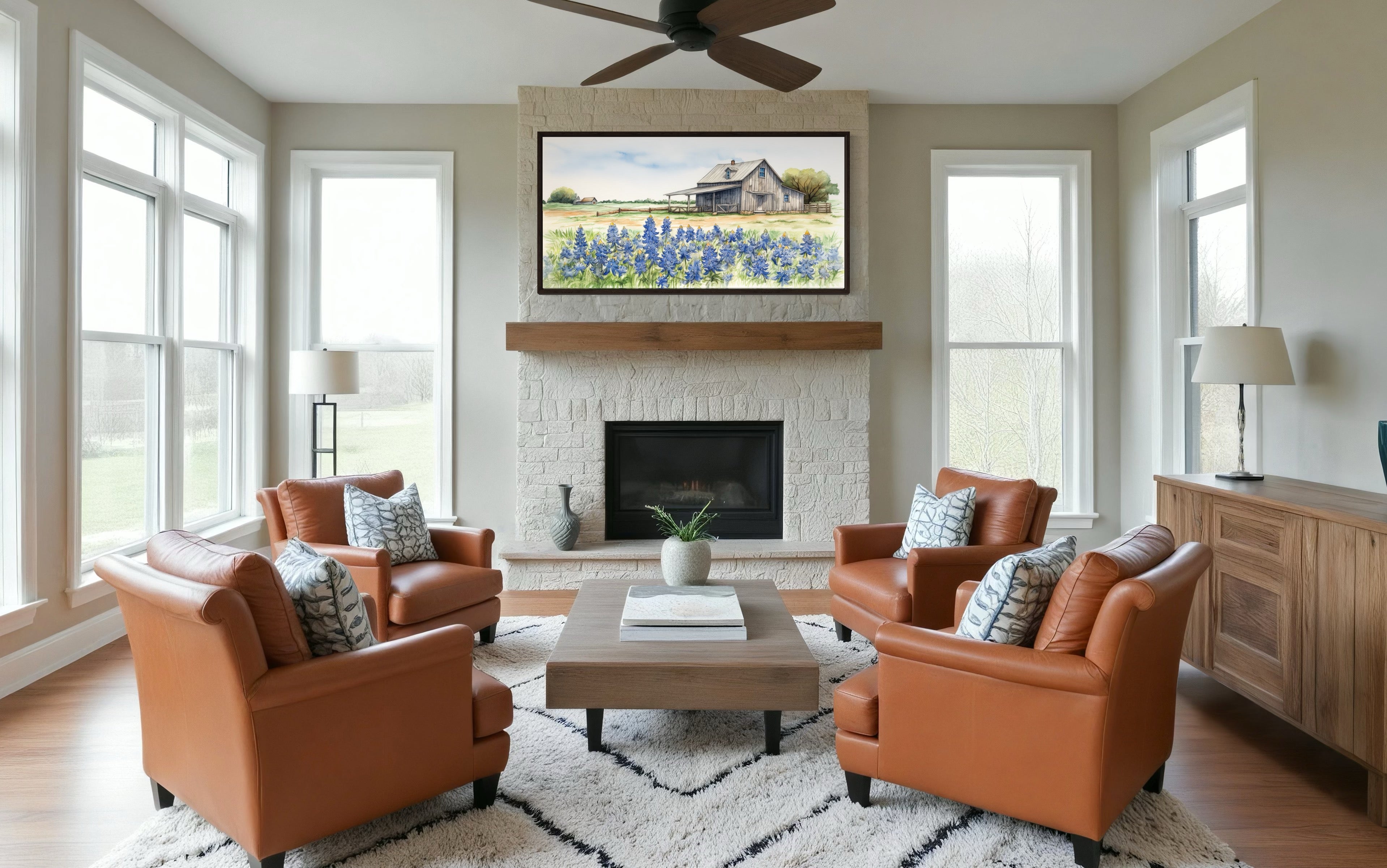 Texas Barn Wall Art – Rustic Farmhouse Decor With Bluebonnet Field Print Canvas