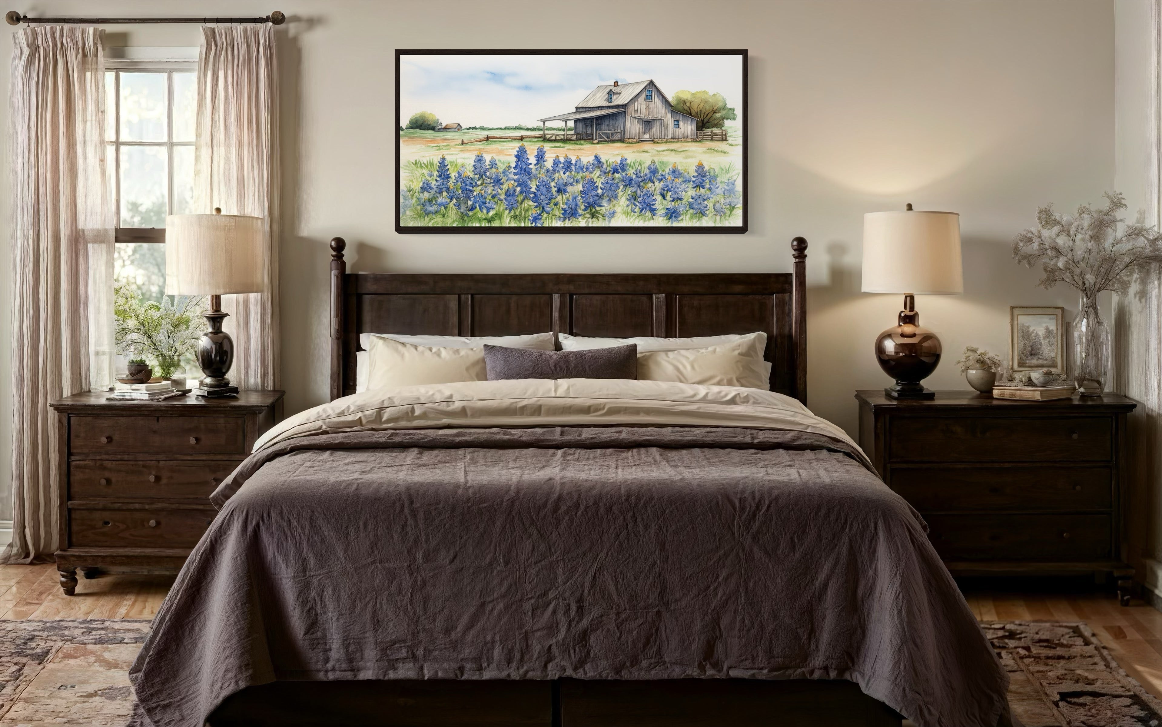 Texas Barn Wall Art – Rustic Farmhouse Decor With Bluebonnet Field Print Canvas