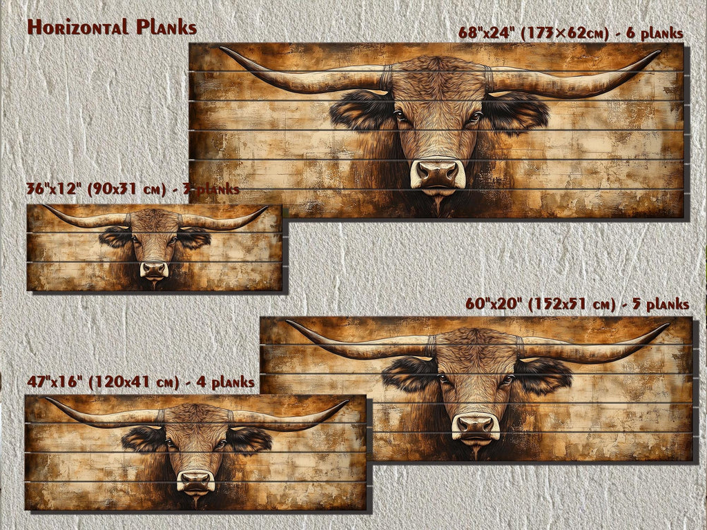 Texas Longhorn Long Horizontal Neutral Brown Real Wood Wall Art