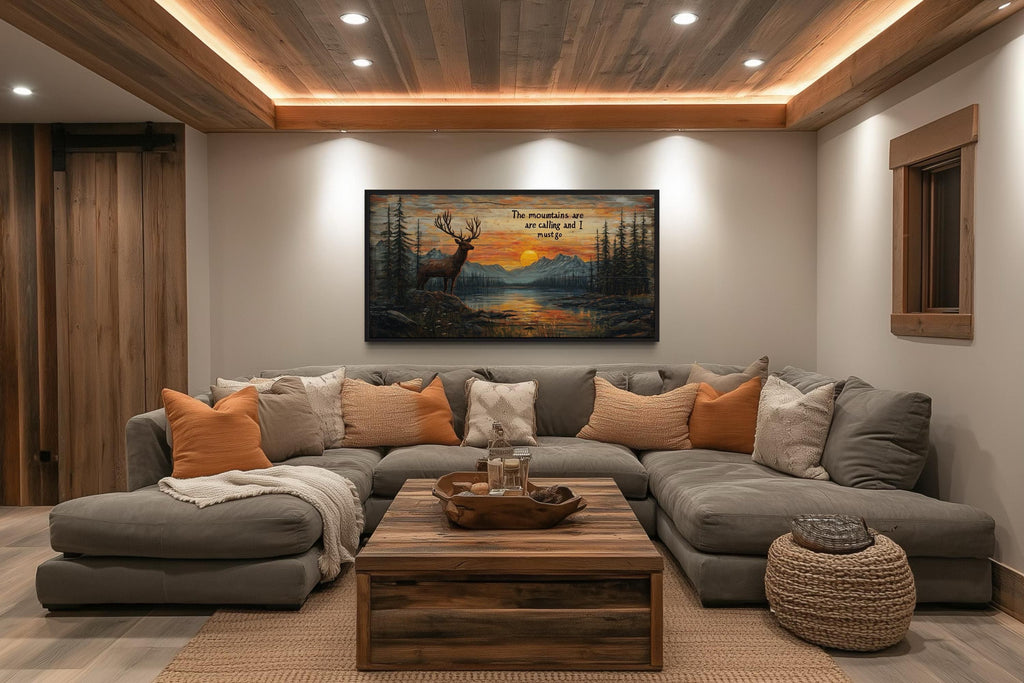 The Mountains Are Calling With Elk And Sunset Framed Canvas Wall Art