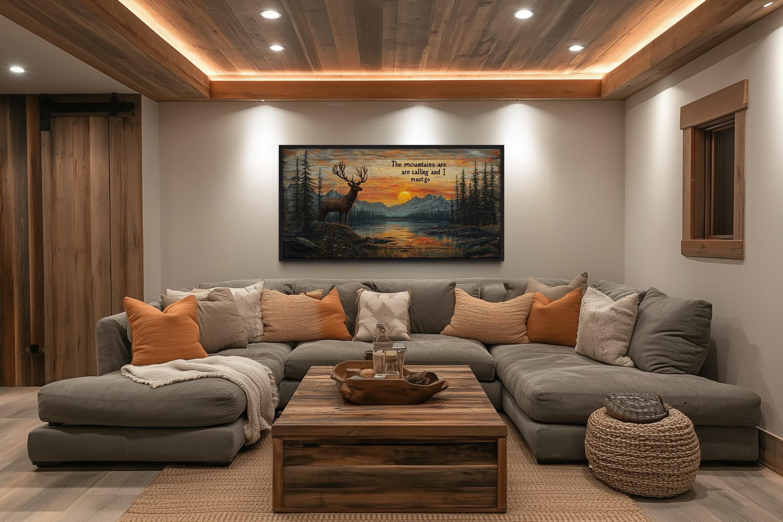 The Mountains Are Calling With Elk And Sunset Framed Canvas Wall Art