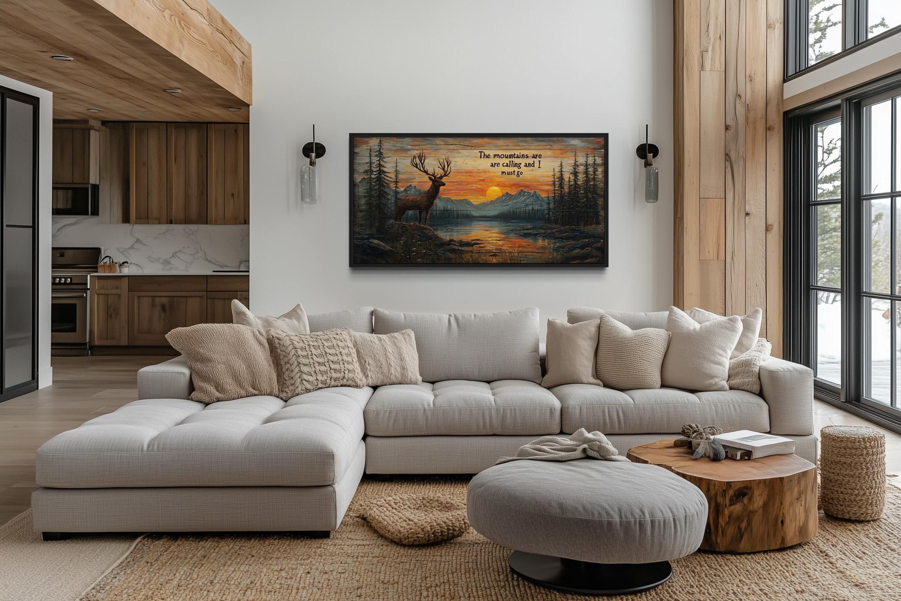 The Mountains Are Calling With Elk And Sunset Framed Canvas Wall Art