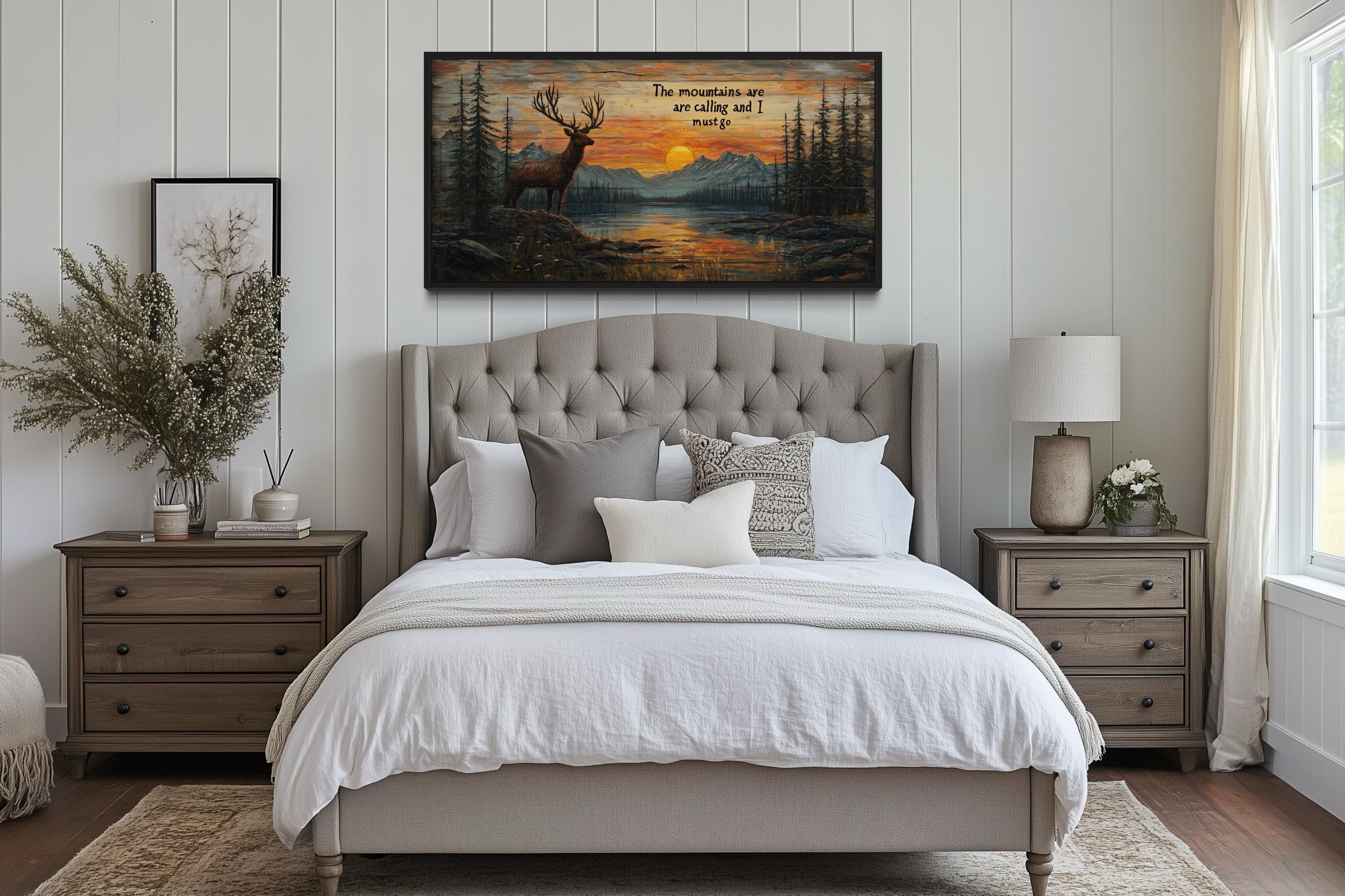 The Mountains Are Calling With Elk And Sunset Framed Canvas Wall Art