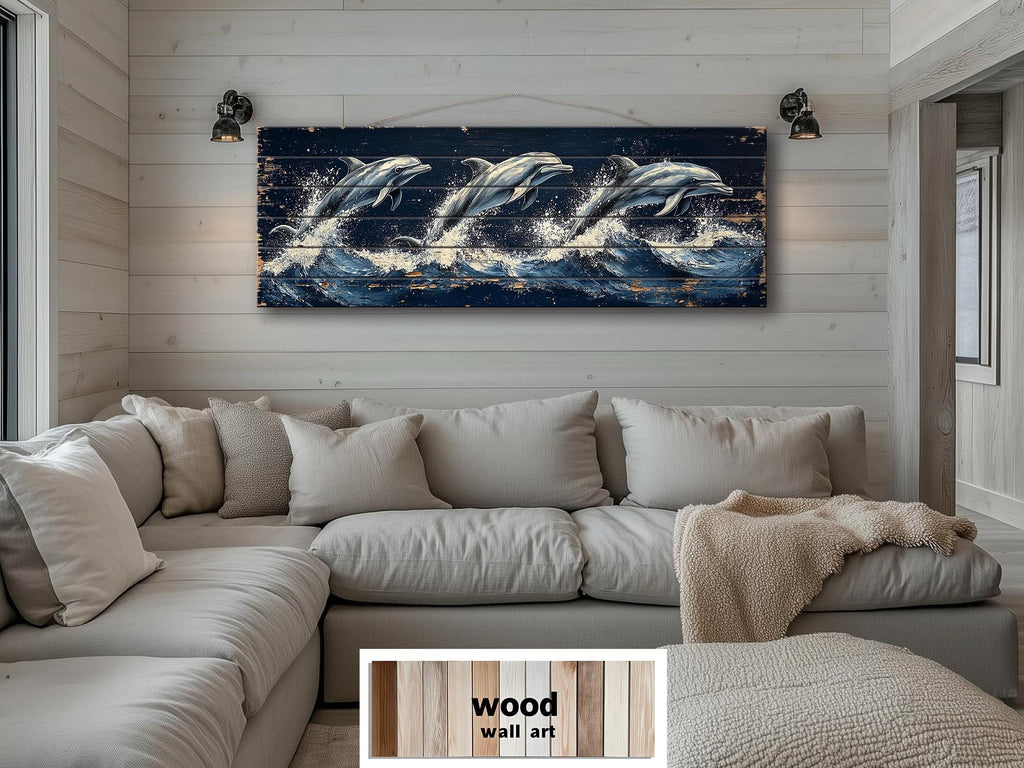 Three Dolphins Jumping in Waves Nautical Long Narrow Distressed Wood Wall Art