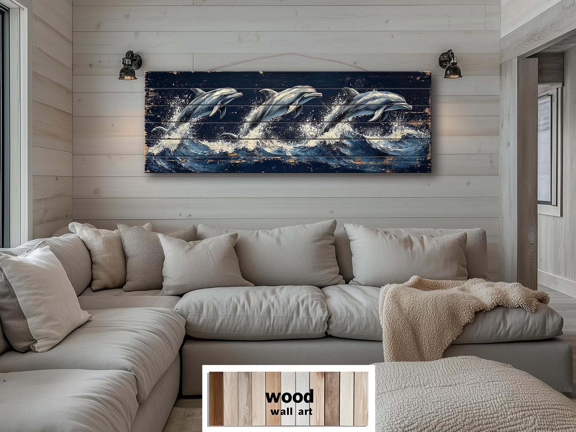 Three Dolphins Jumping in Waves Nautical Long Narrow Distressed Wood Wall Art