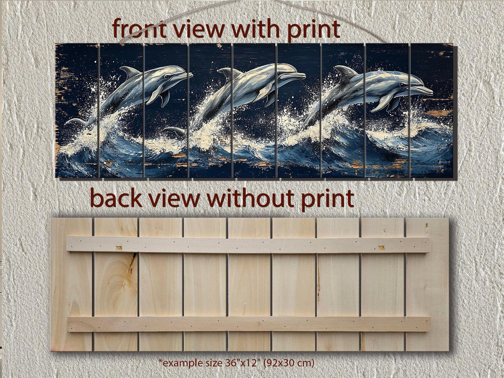 Three Dolphins Jumping in Waves Nautical Long Narrow Distressed Wood Wall Art