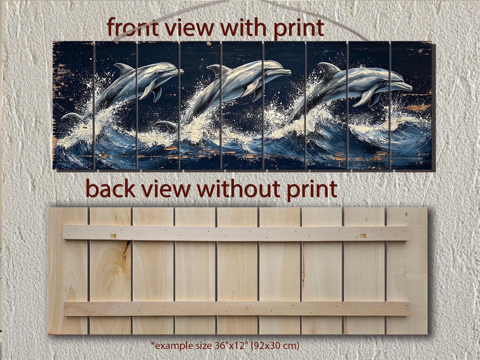 Three Dolphins Jumping in Waves Nautical Long Narrow Distressed Wood Wall Art