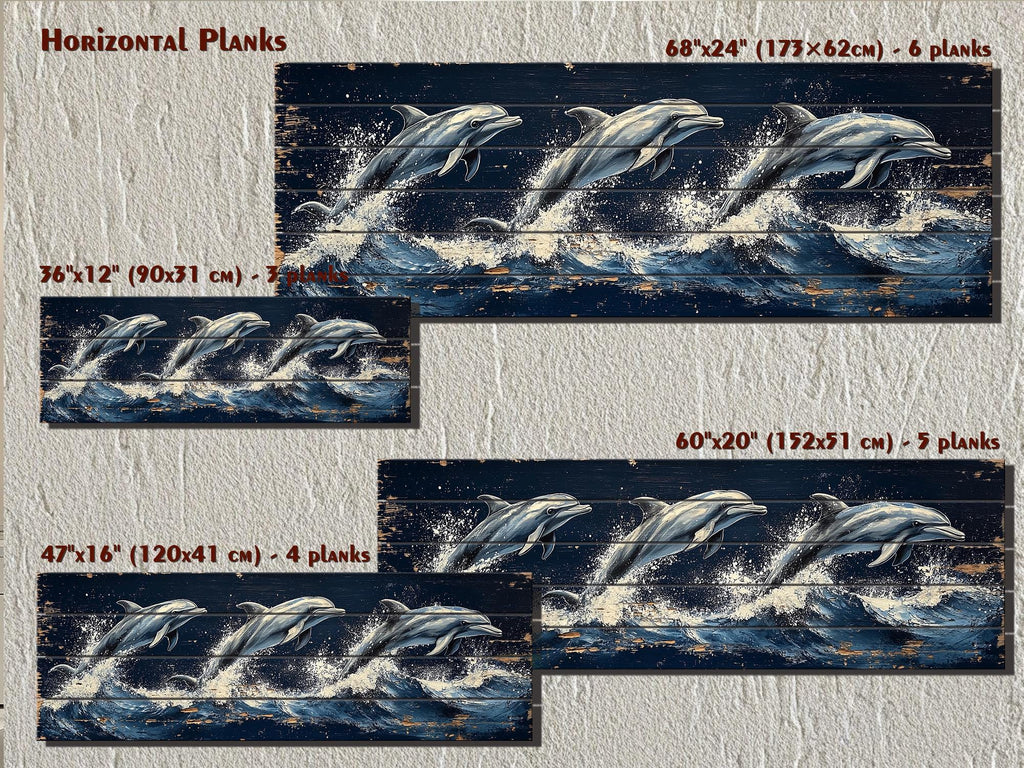 Three Dolphins Jumping in Waves Nautical Long Narrow Distressed Wood Wall Art