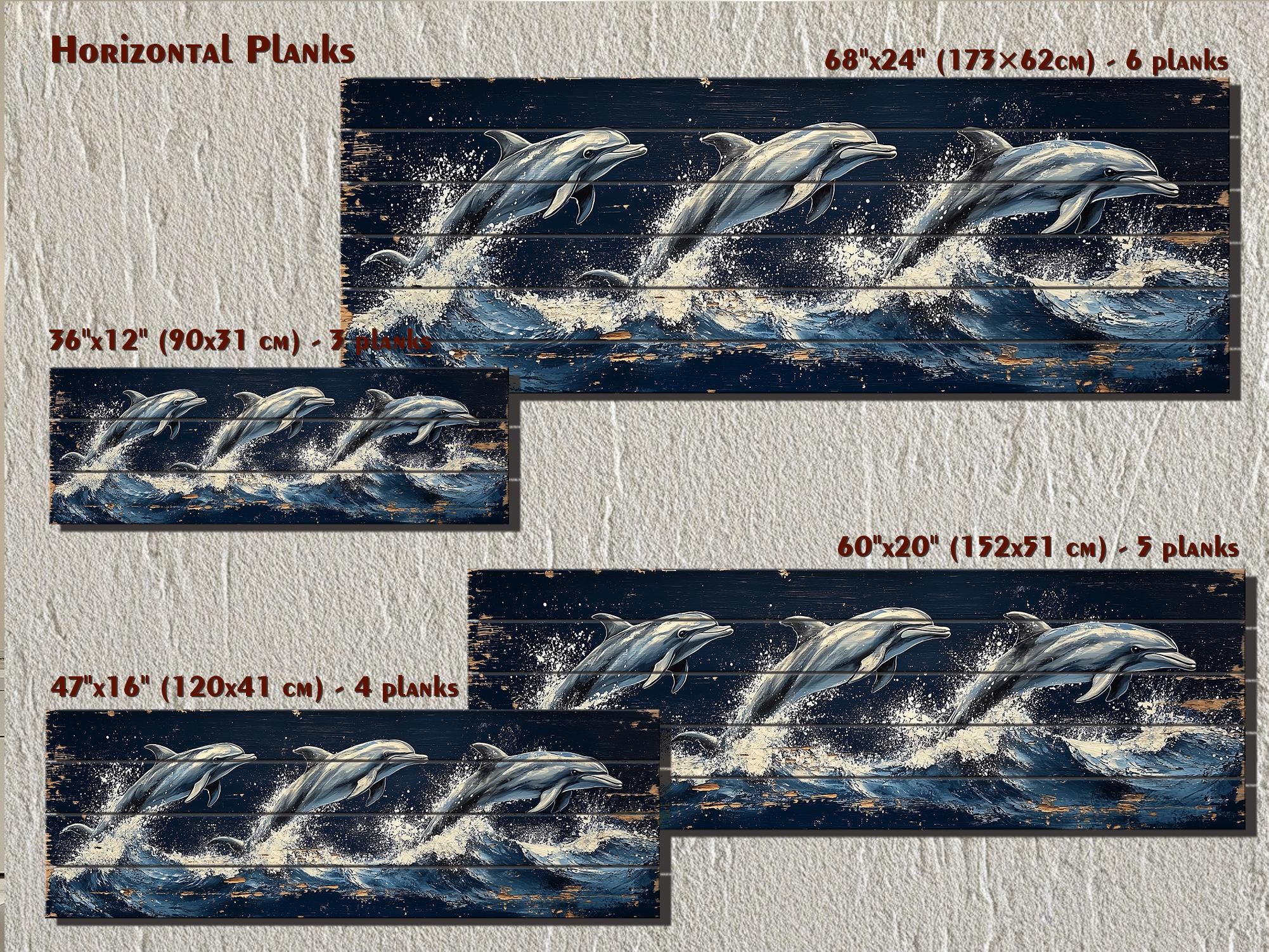 Three Dolphins Jumping in Waves Nautical Long Narrow Distressed Wood Wall Art