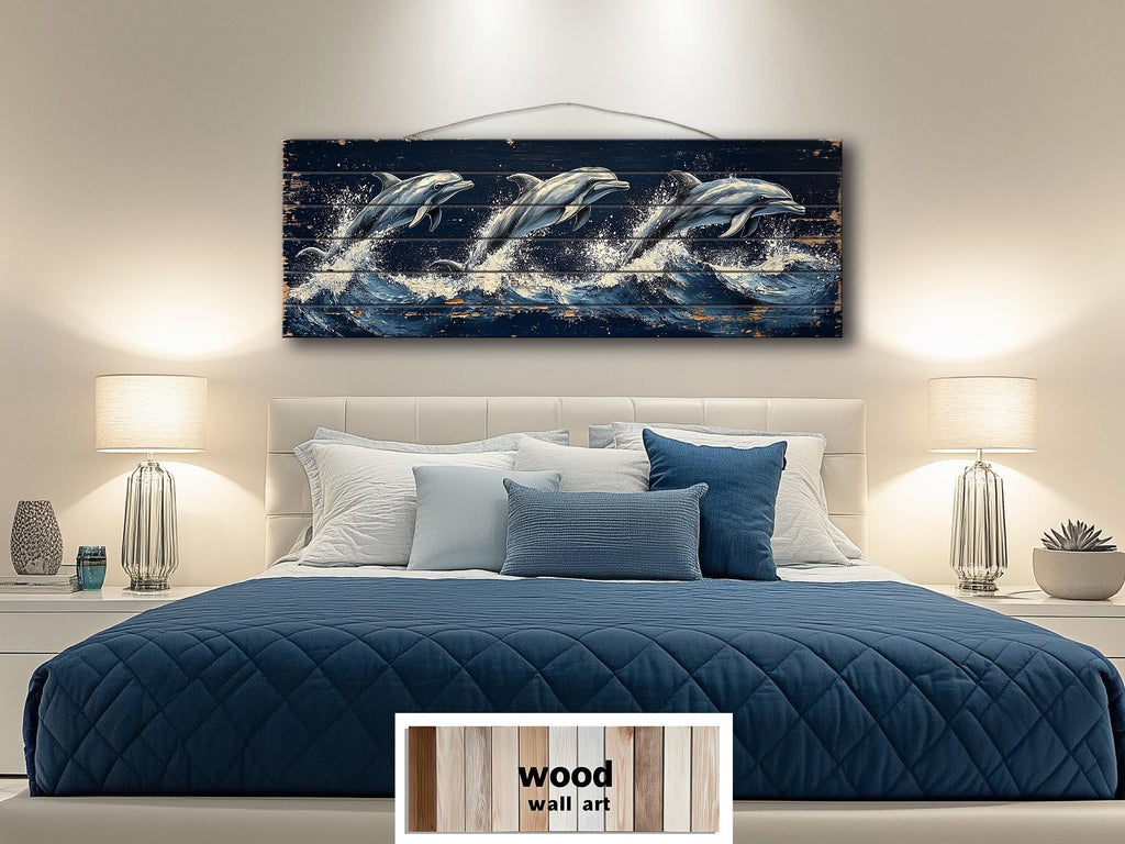 Three Dolphins Jumping in Waves Nautical Long Narrow Distressed Wood Wall Art