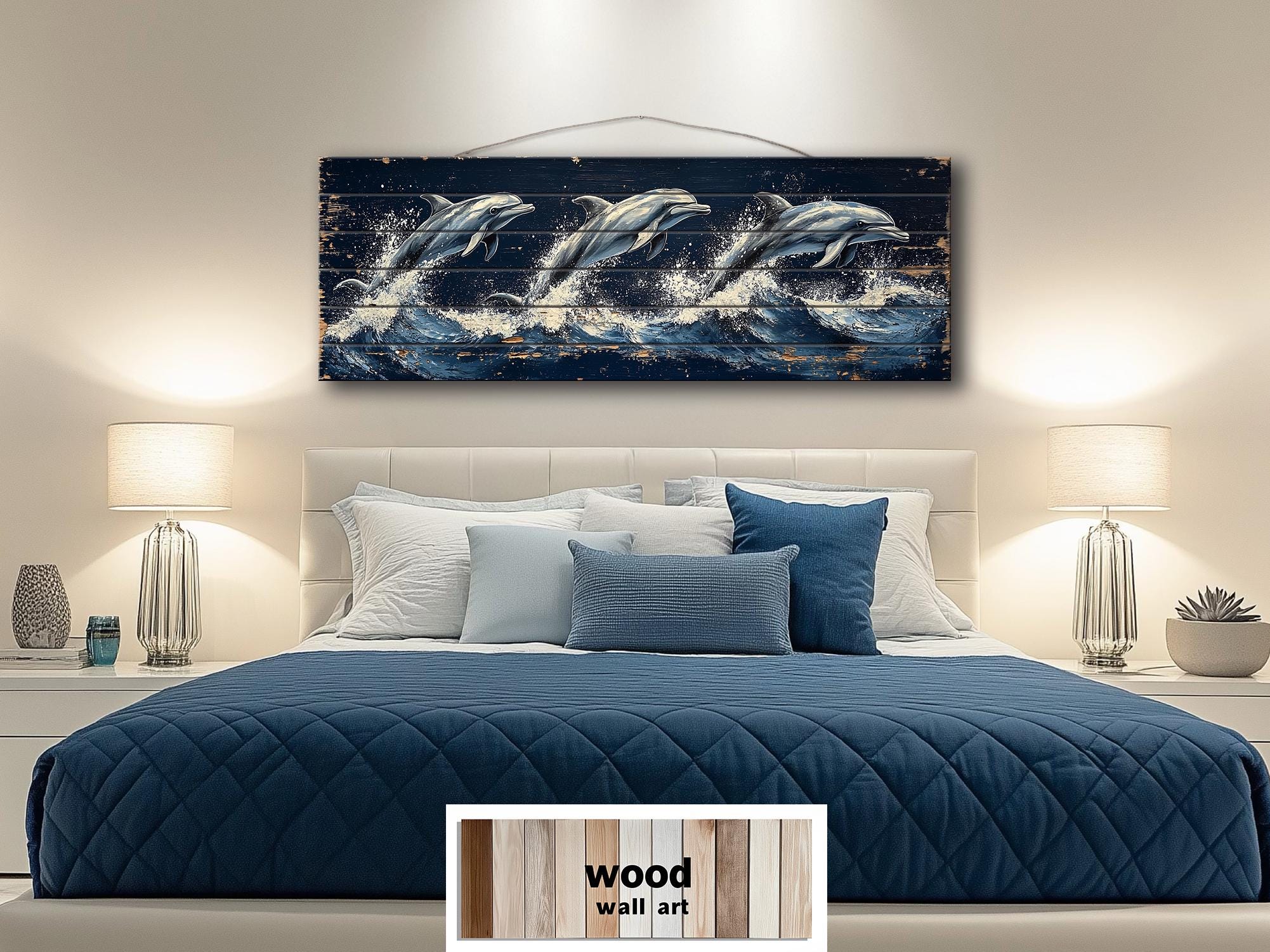 Three Dolphins Jumping in Waves Nautical Long Narrow Distressed Wood Wall Art