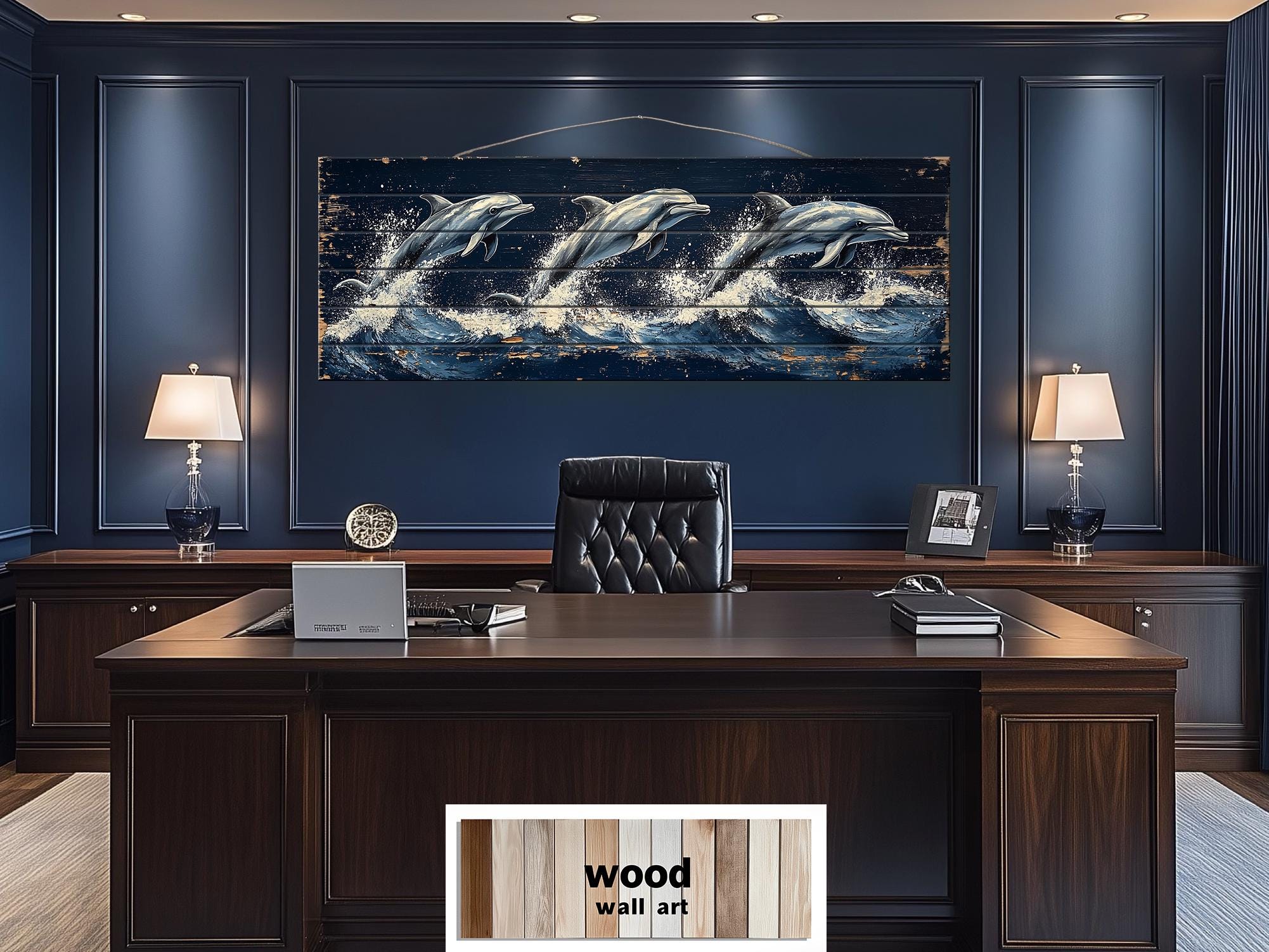 Three Dolphins Jumping in Waves Nautical Long Narrow Distressed Wood Wall Art