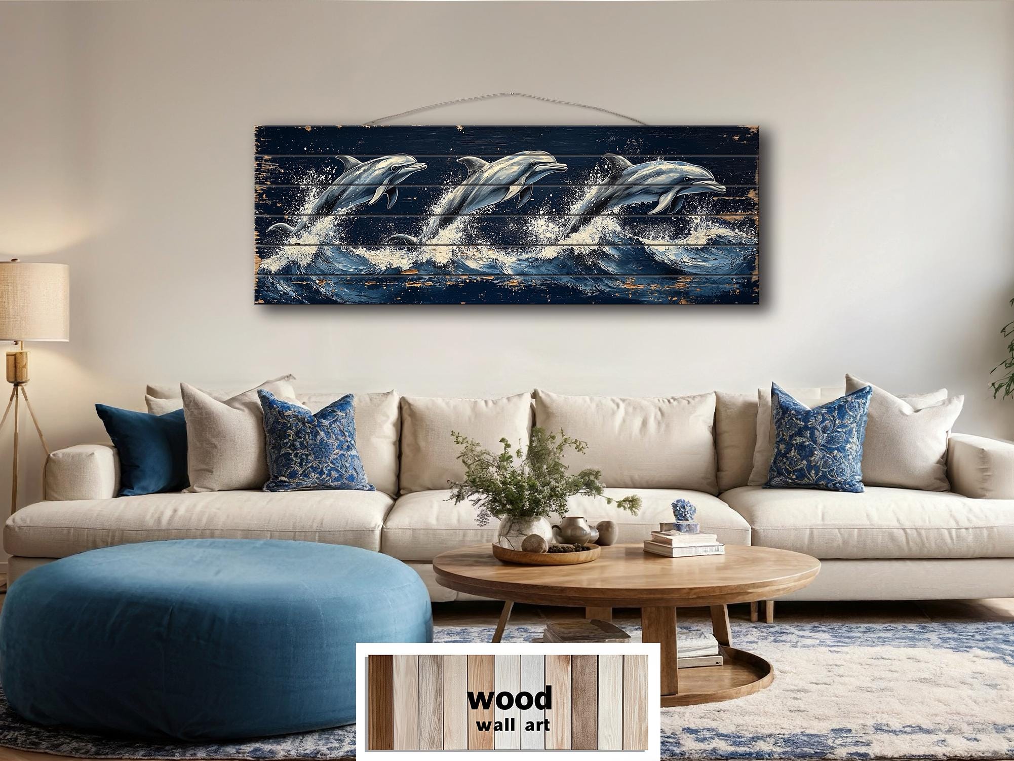 Three Dolphins Jumping in Waves Nautical Long Narrow Distressed Wood Wall Art