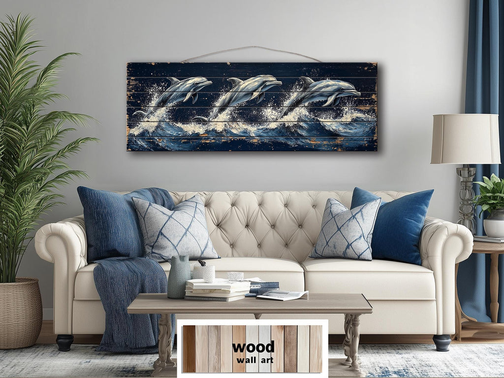 Three Dolphins Jumping in Waves Nautical Long Narrow Distressed Wood Wall Art