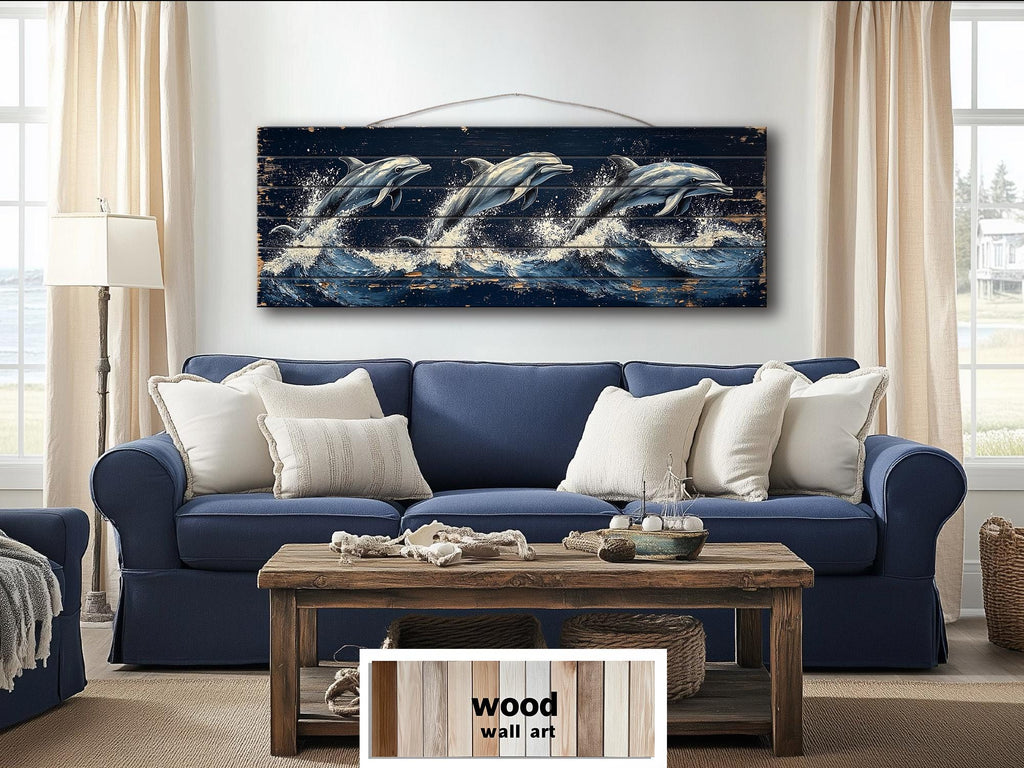 Three Dolphins Jumping in Waves Nautical Long Narrow Distressed Wood Wall Art