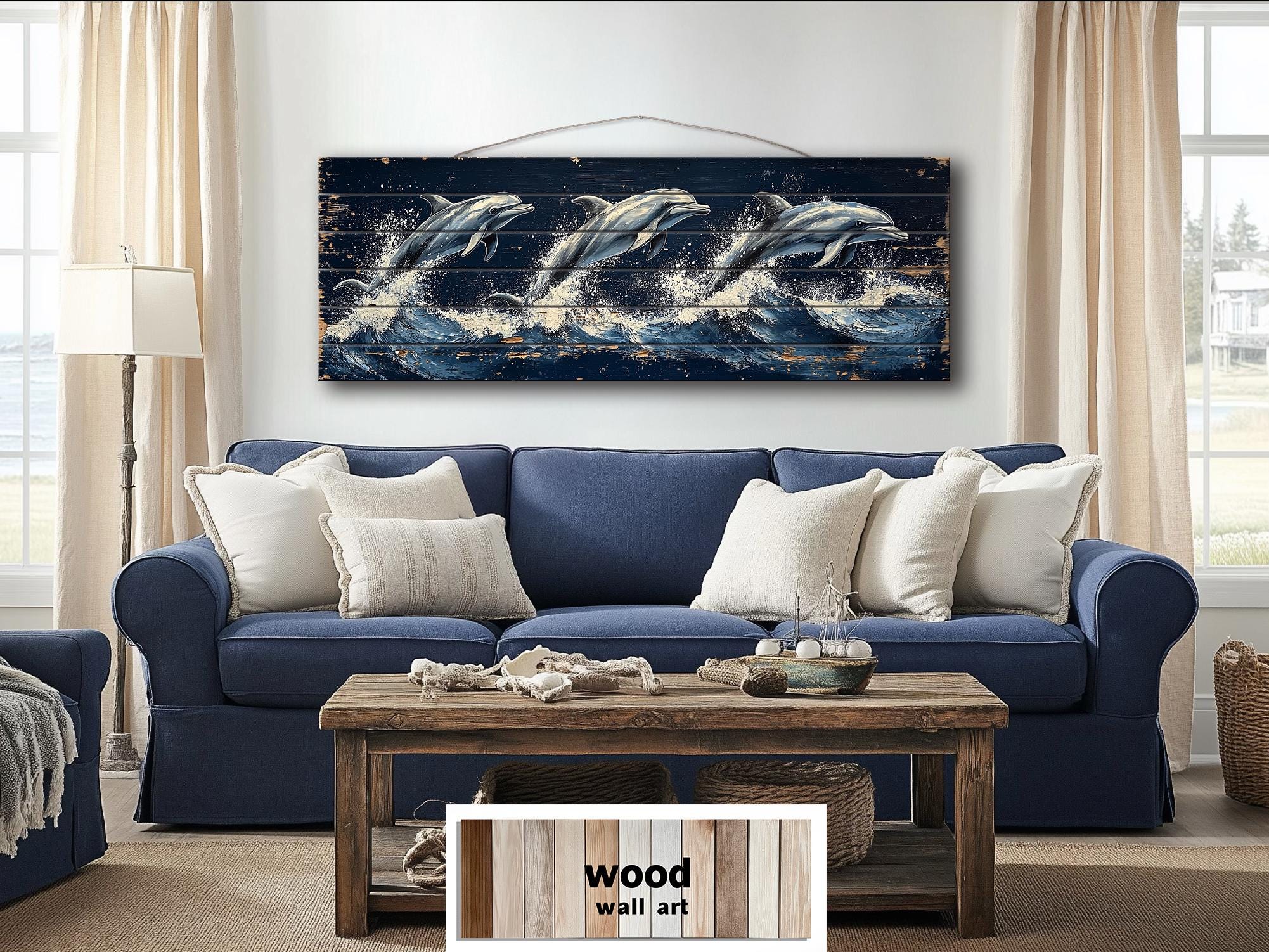 Three Dolphins Jumping in Waves Nautical Long Narrow Distressed Wood Wall Art