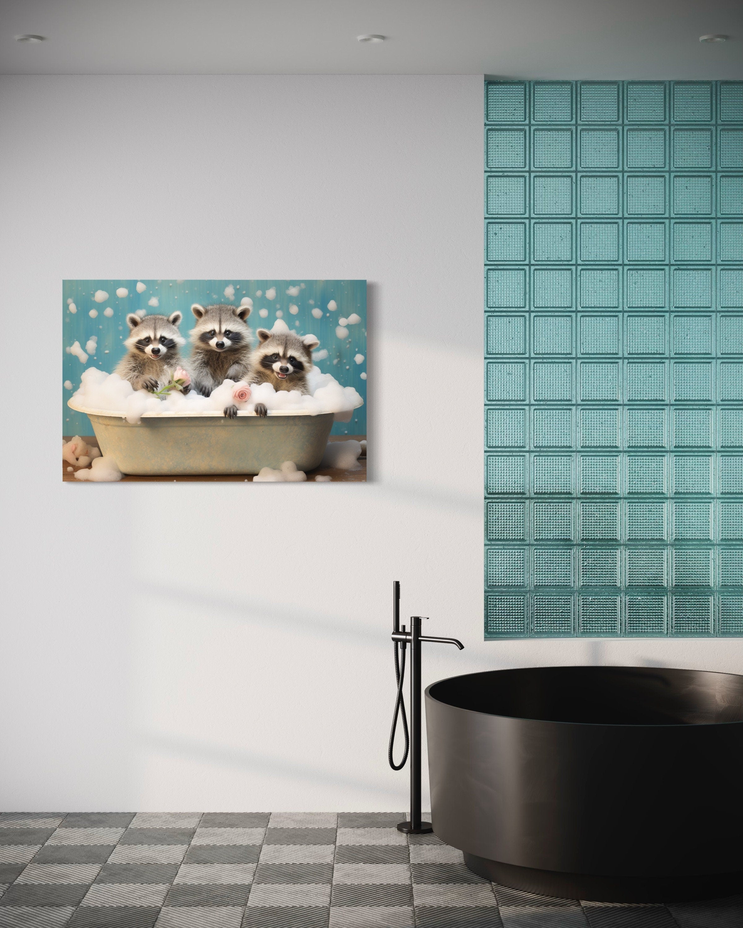 Three Racoons In a Bathtub Framed Canvas Wall Art