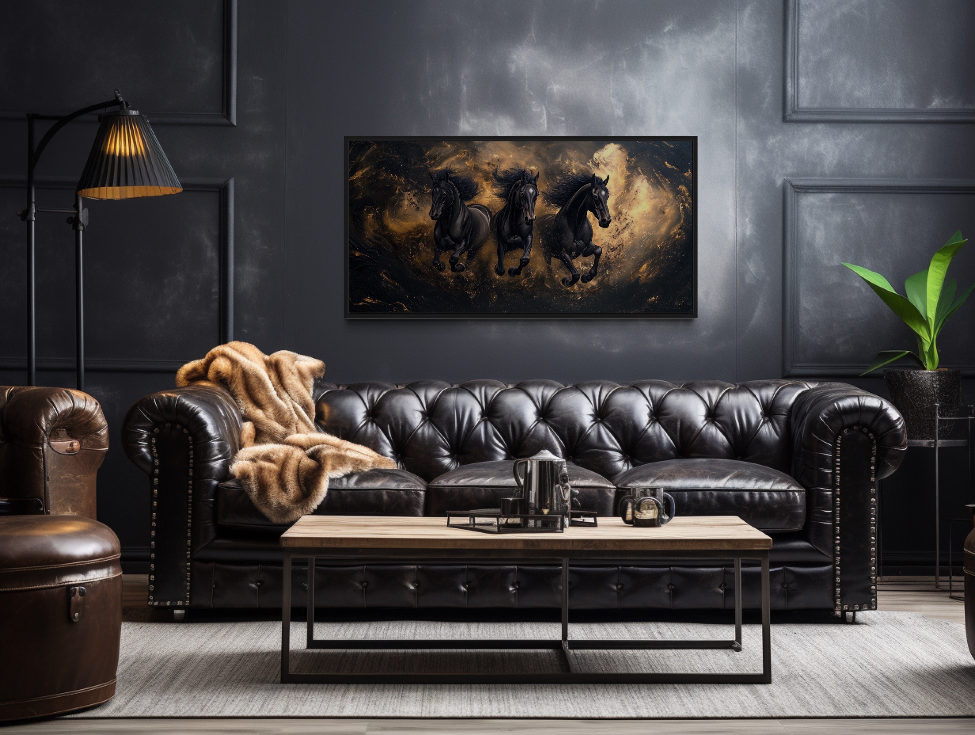 Three Running Stallions On Black Gold Background Framed Canvas Wall Art