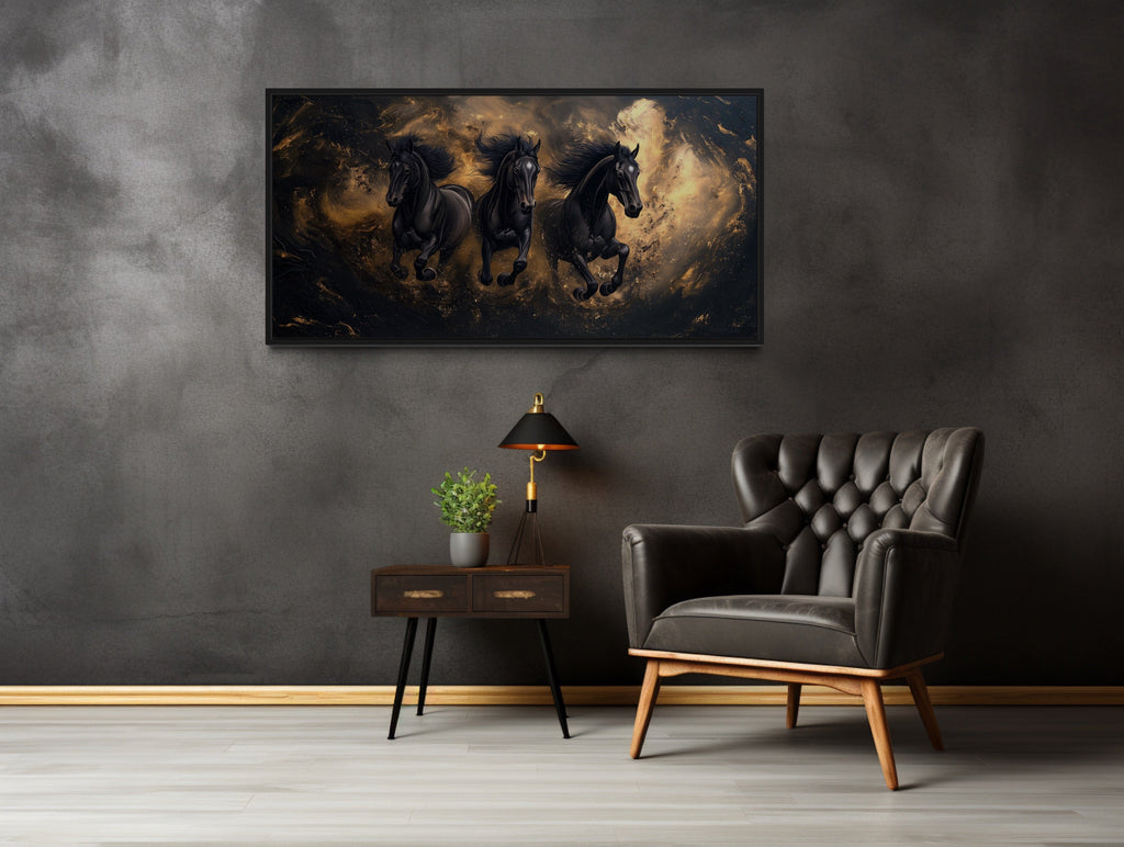 Three Running Stallions On Black Gold Background Framed Canvas Wall Art