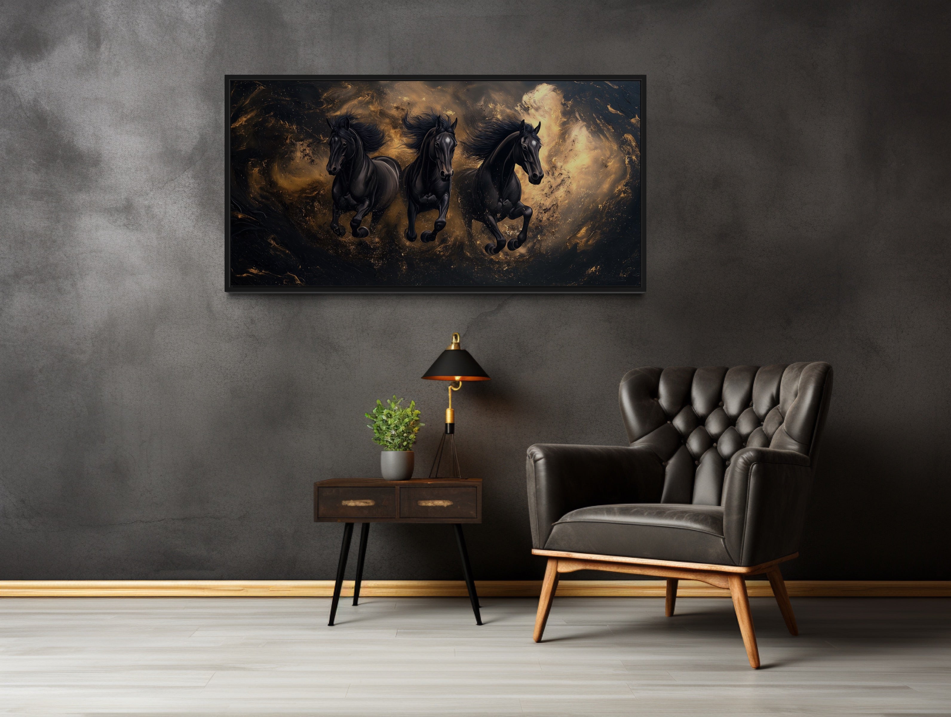 Three Running Stallions On Black Gold Background Framed Canvas Wall Art