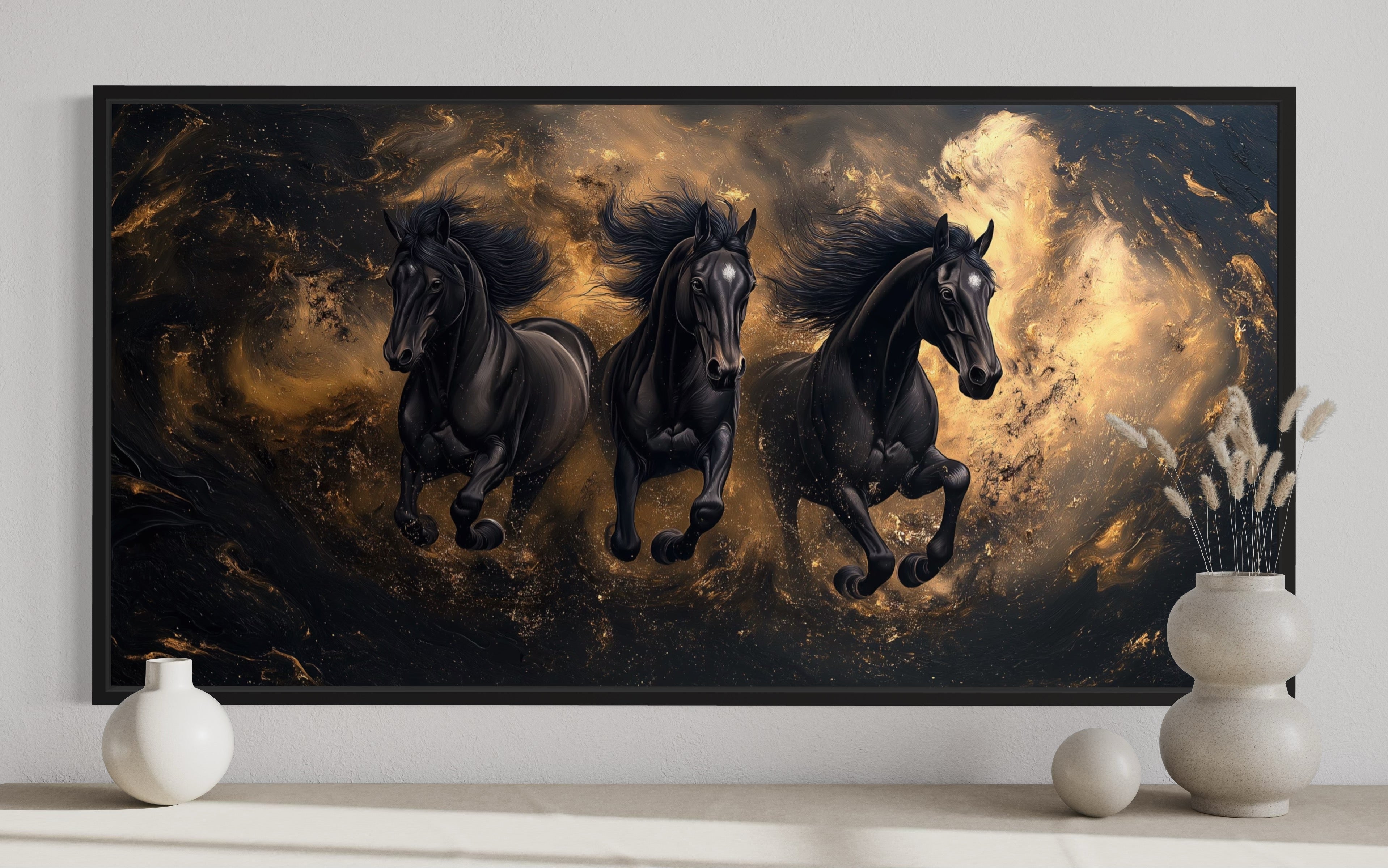 Three Running Stallions On Black Gold Background Framed Canvas Wall Art