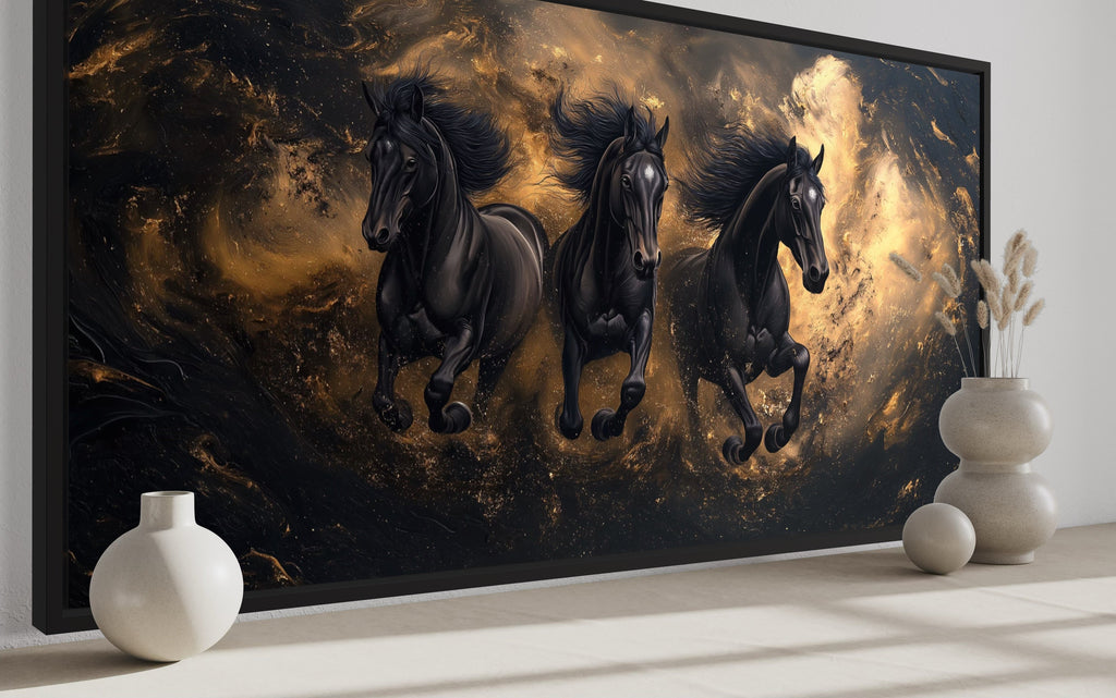 Three Running Stallions On Black Gold Background Framed Canvas Wall Art