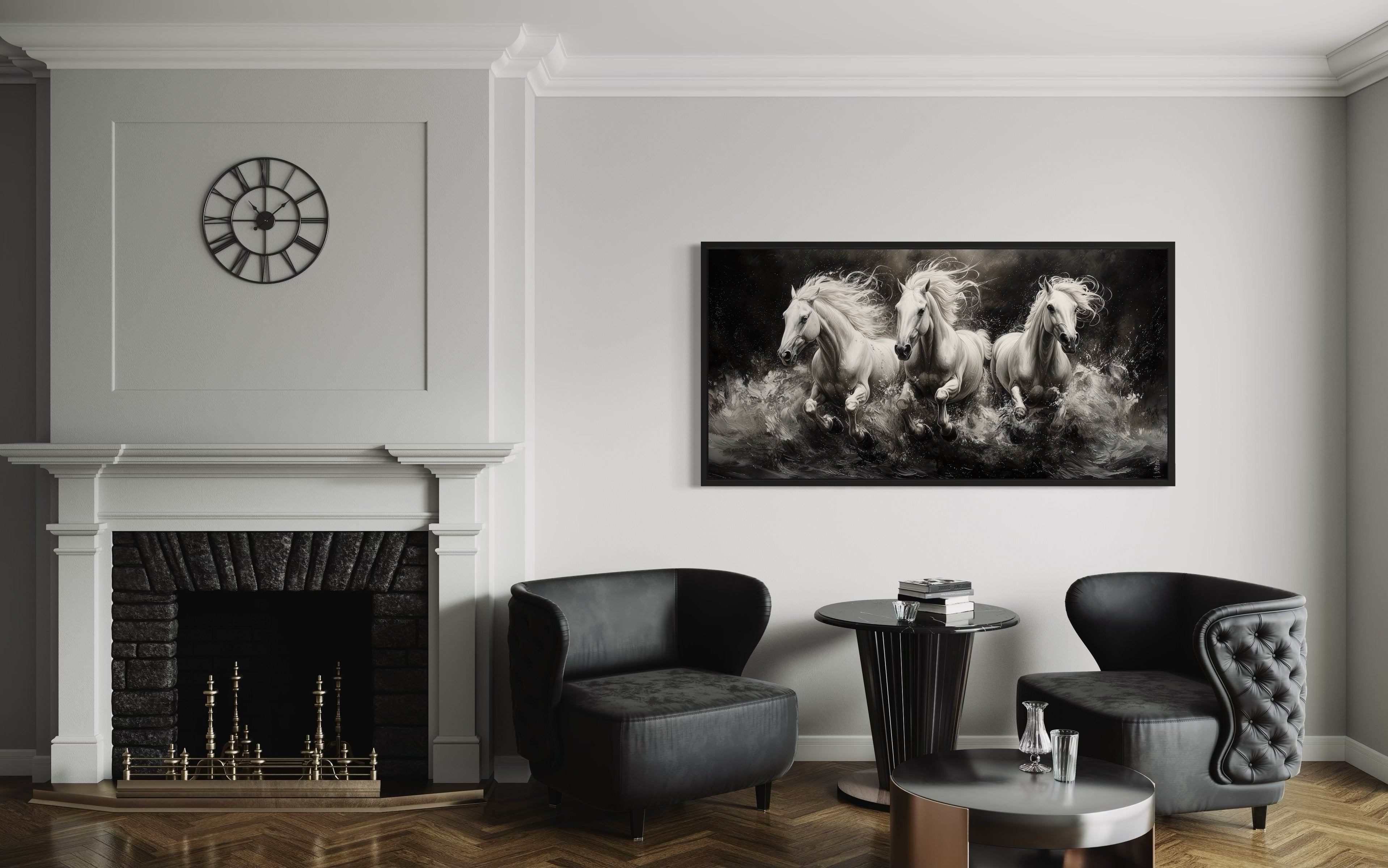 Three White Horses Running Framed Canvas Wall Art