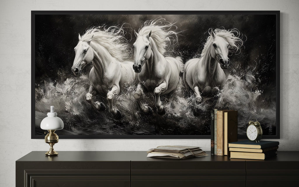 Three White Horses Running Framed Canvas Wall Art