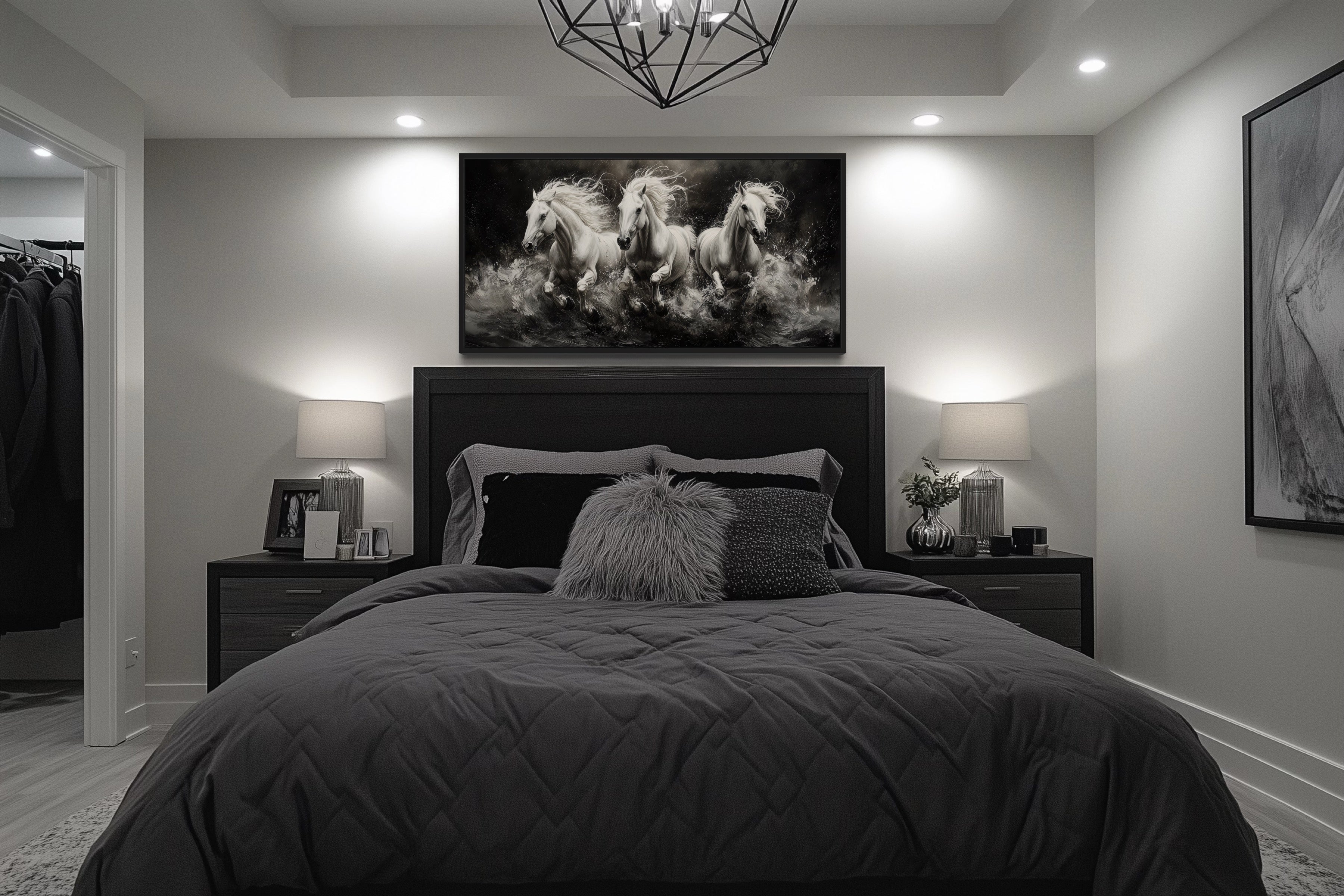 Three White Horses Running Framed Canvas Wall Art