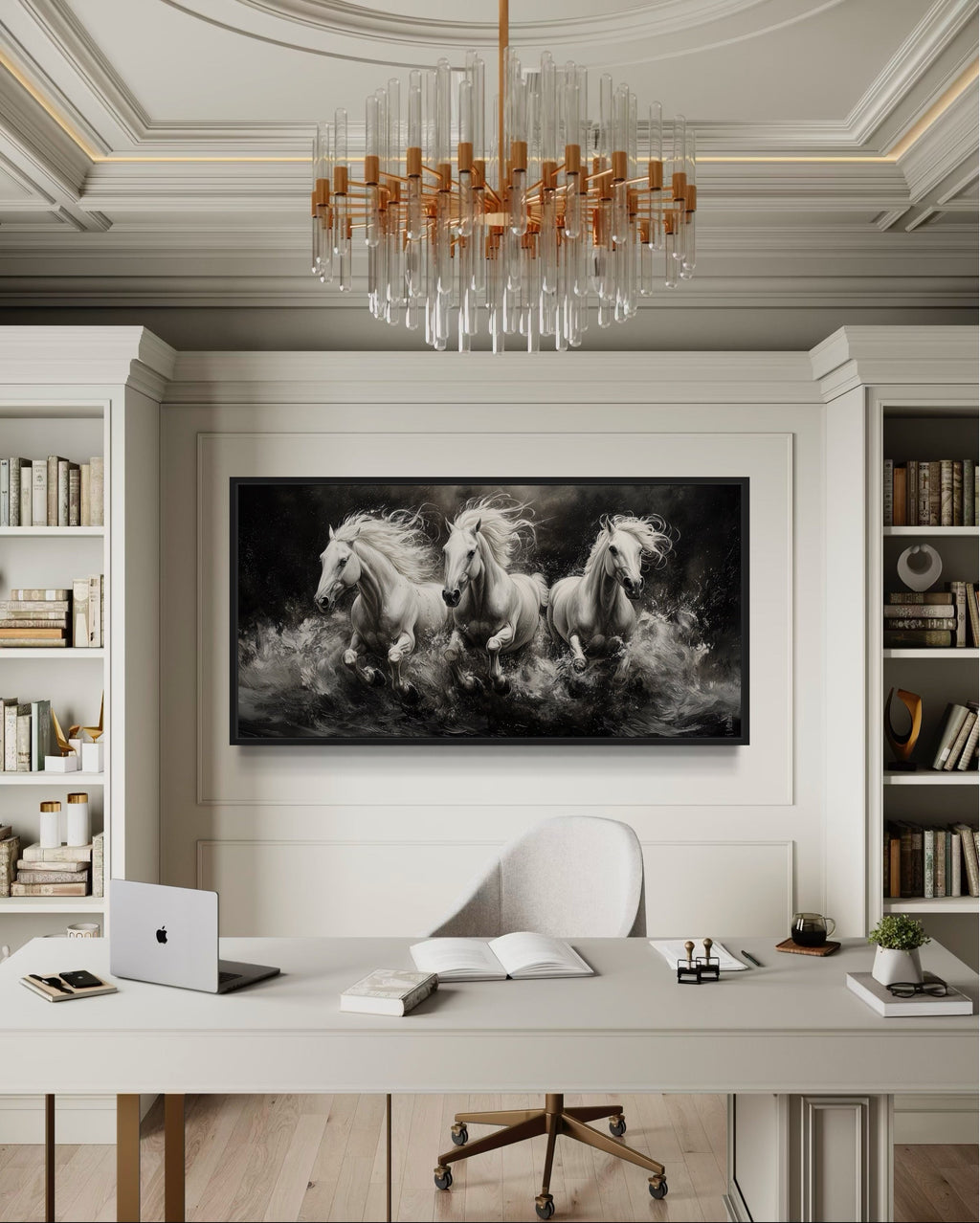 Three White Horses Running Framed Canvas Wall Art