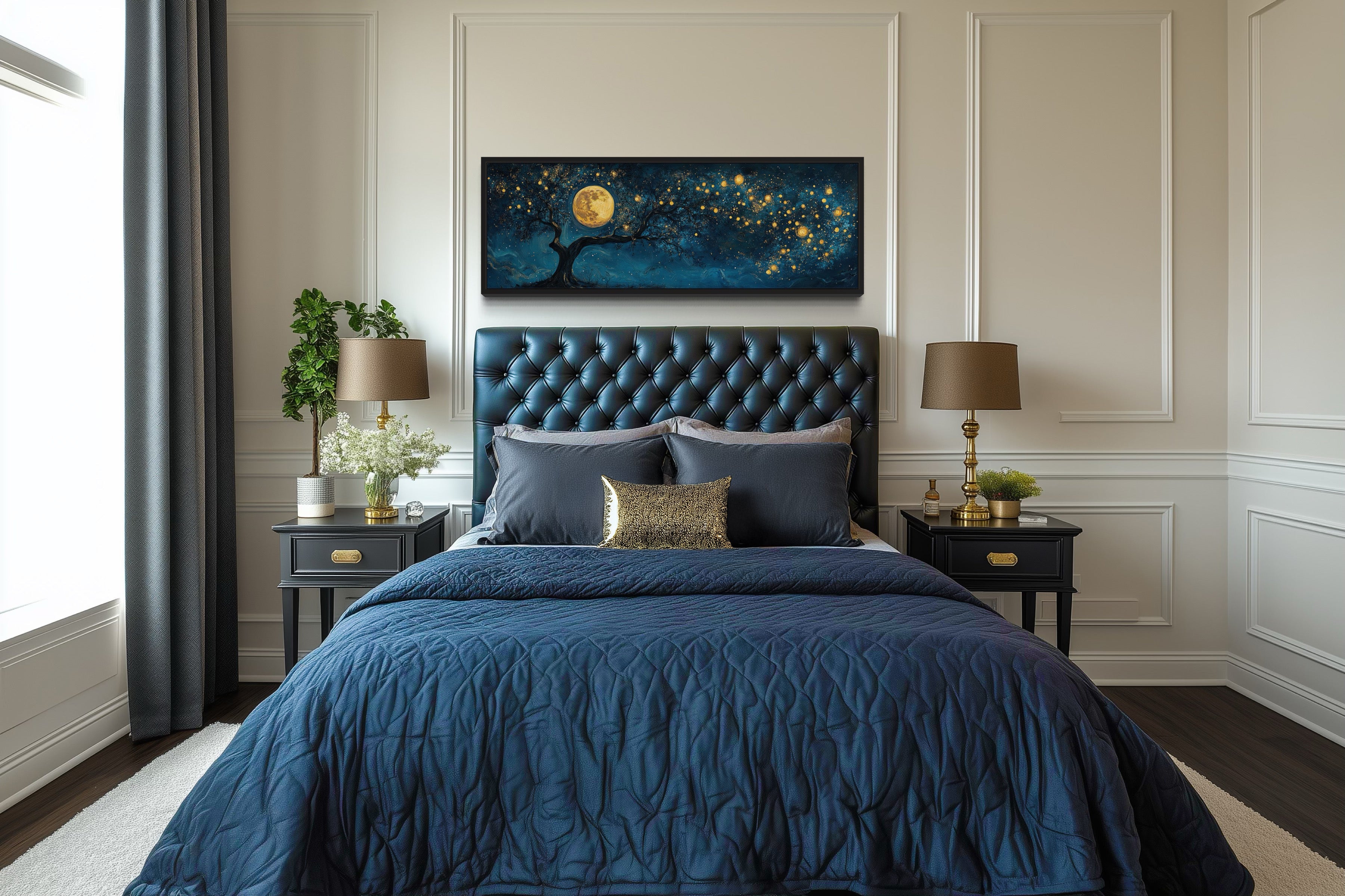 Tree And Moon Navy Blue and Gold Horizontal Above Bed Or Couch Wall Art