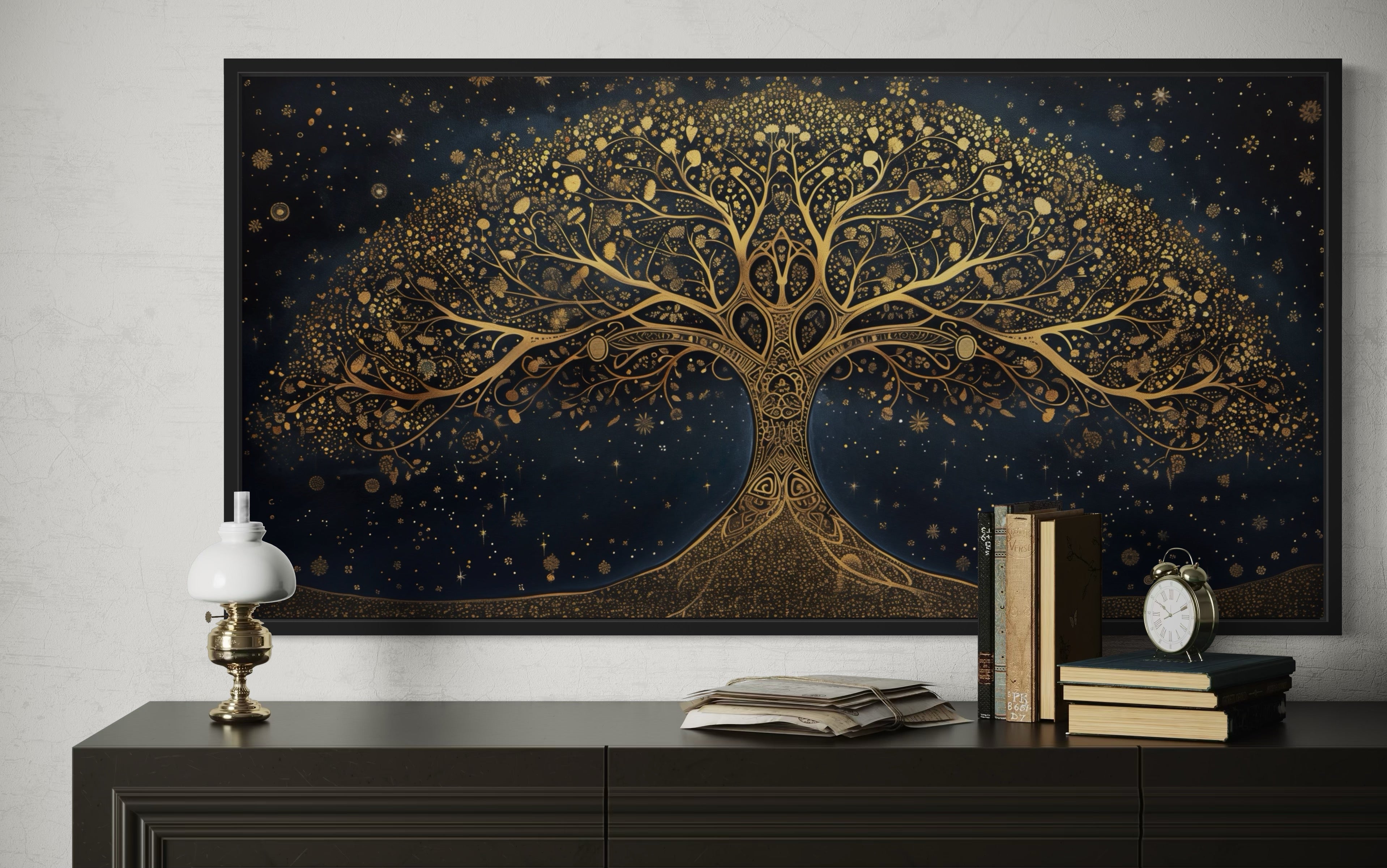 Tree Of Life Wall Art – Framed Canvas Print With Navy Blue & Gold Accent Artwork