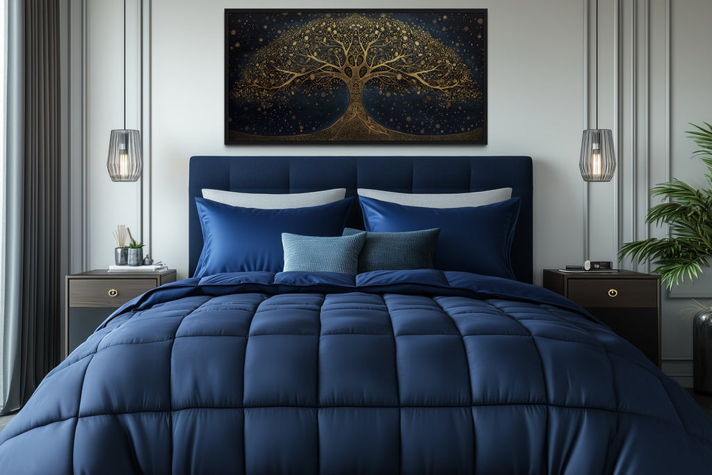Tree Of Life Wall Art – Framed Canvas Print With Navy Blue & Gold Accent Artwork
