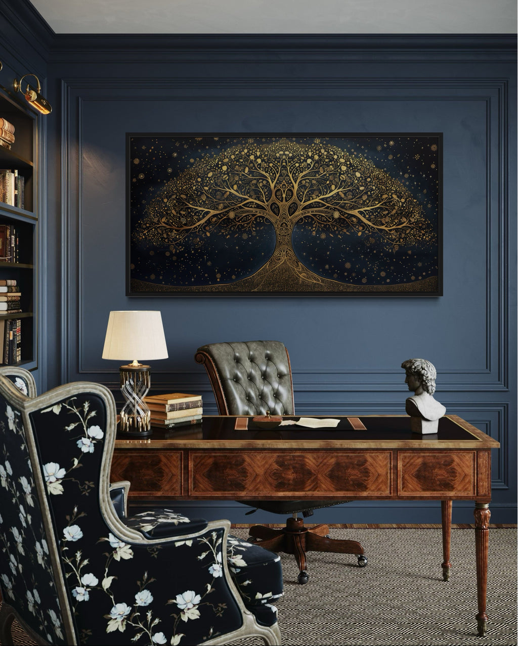 Tree Of Life Wall Art – Framed Canvas Print With Navy Blue & Gold Accent Artwork