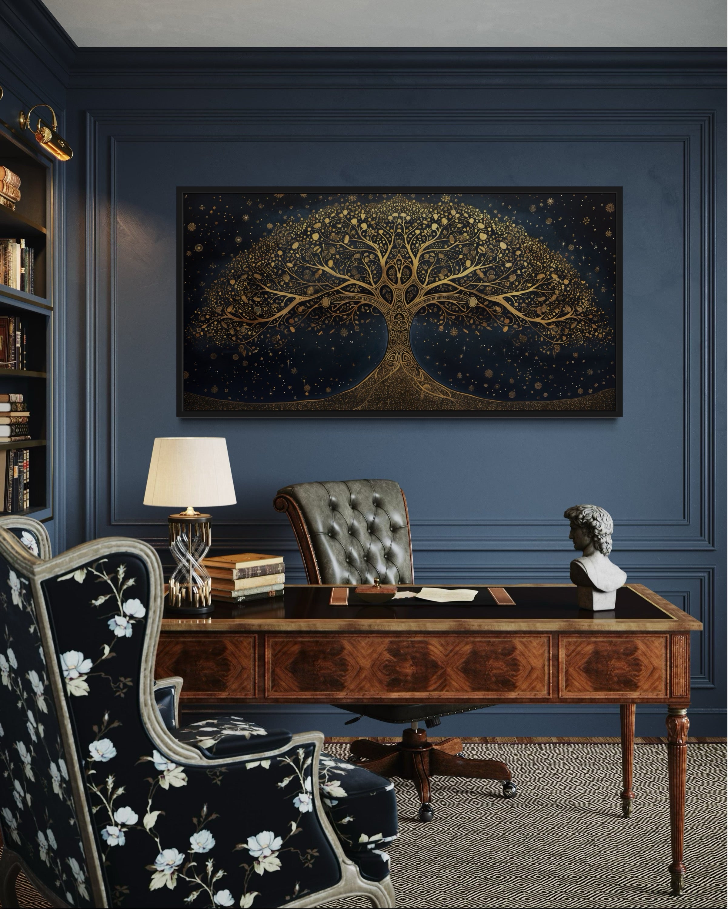 Tree Of Life Wall Art – Framed Canvas Print With Navy Blue & Gold Accent Artwork