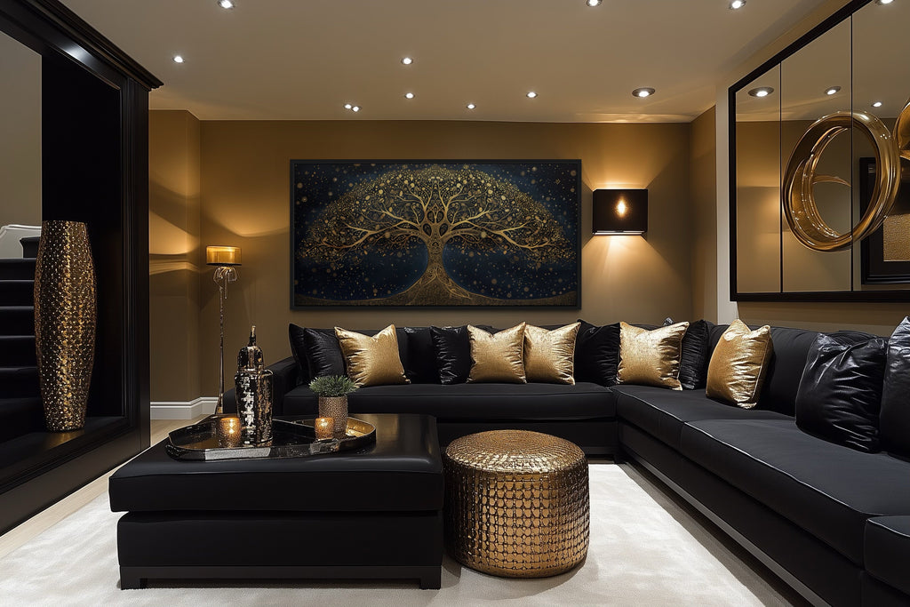 Tree Of Life Wall Art – Framed Canvas Print With Navy Blue & Gold Accent Artwork