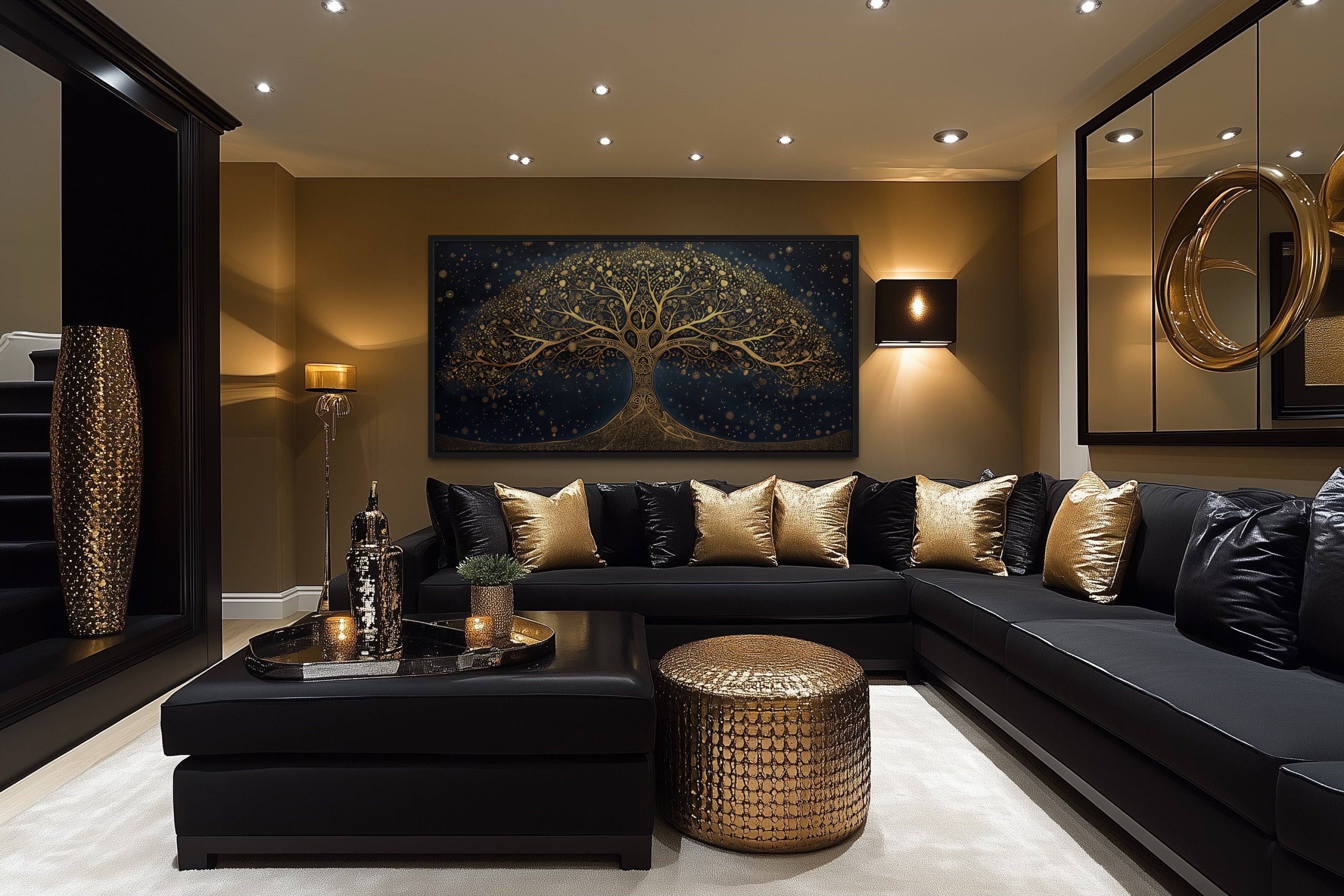 Tree Of Life Wall Art – Framed Canvas Print With Navy Blue & Gold Accent Artwork