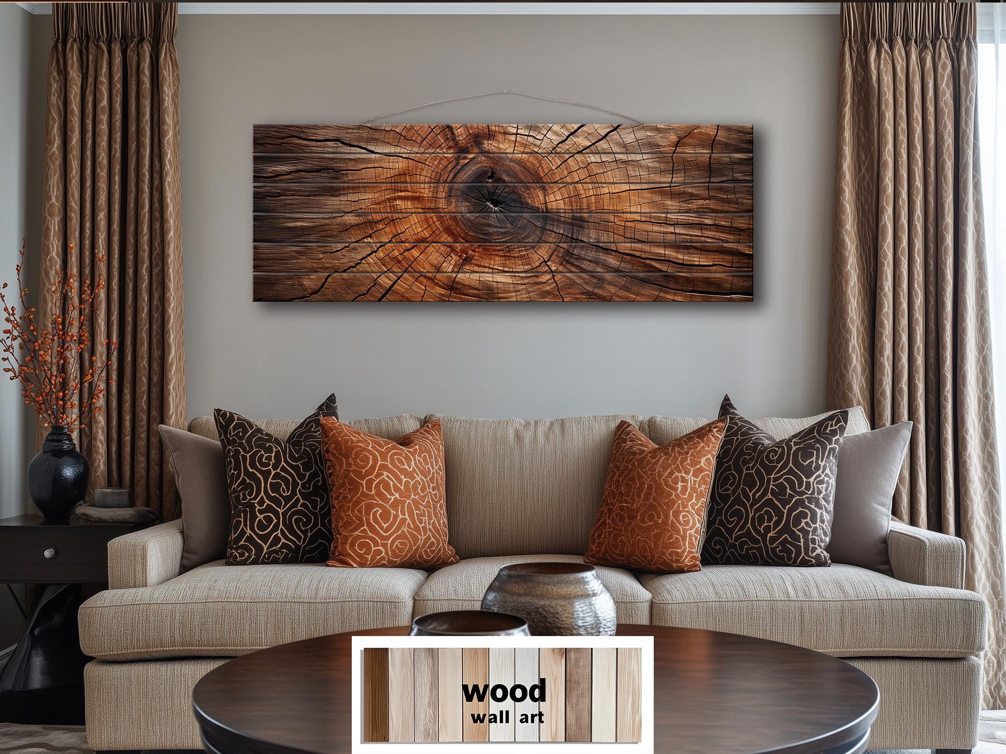 Tree Rings Long Horizontal Brown Real Wood Wall Art