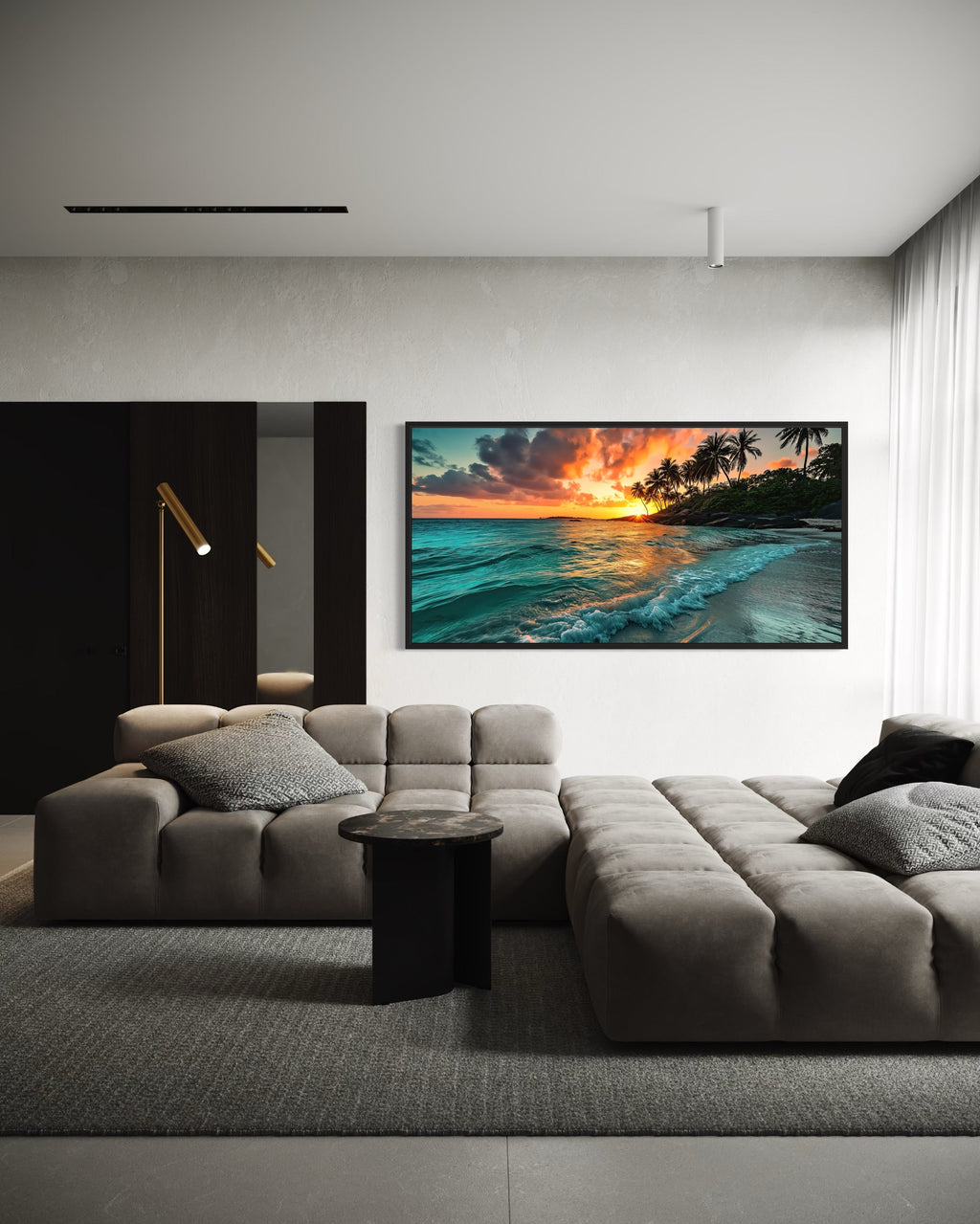 Tropical Beach Sunset Painting – Coastal Wall Art | Framed Canvas for Beach House Decor