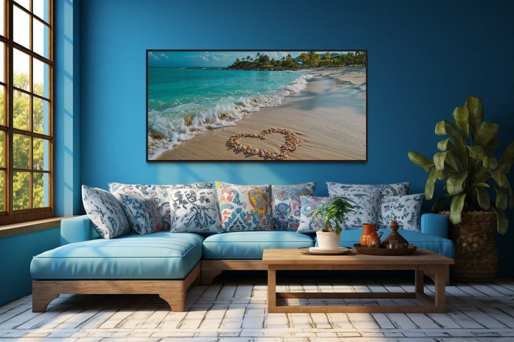 Tropical Beach With Heart Shaped Seashells Romantic Framed Canvas Wall Art