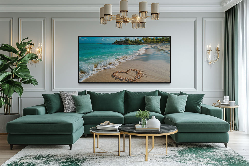 Tropical Beach With Heart Shaped Seashells Romantic Framed Canvas Wall Art