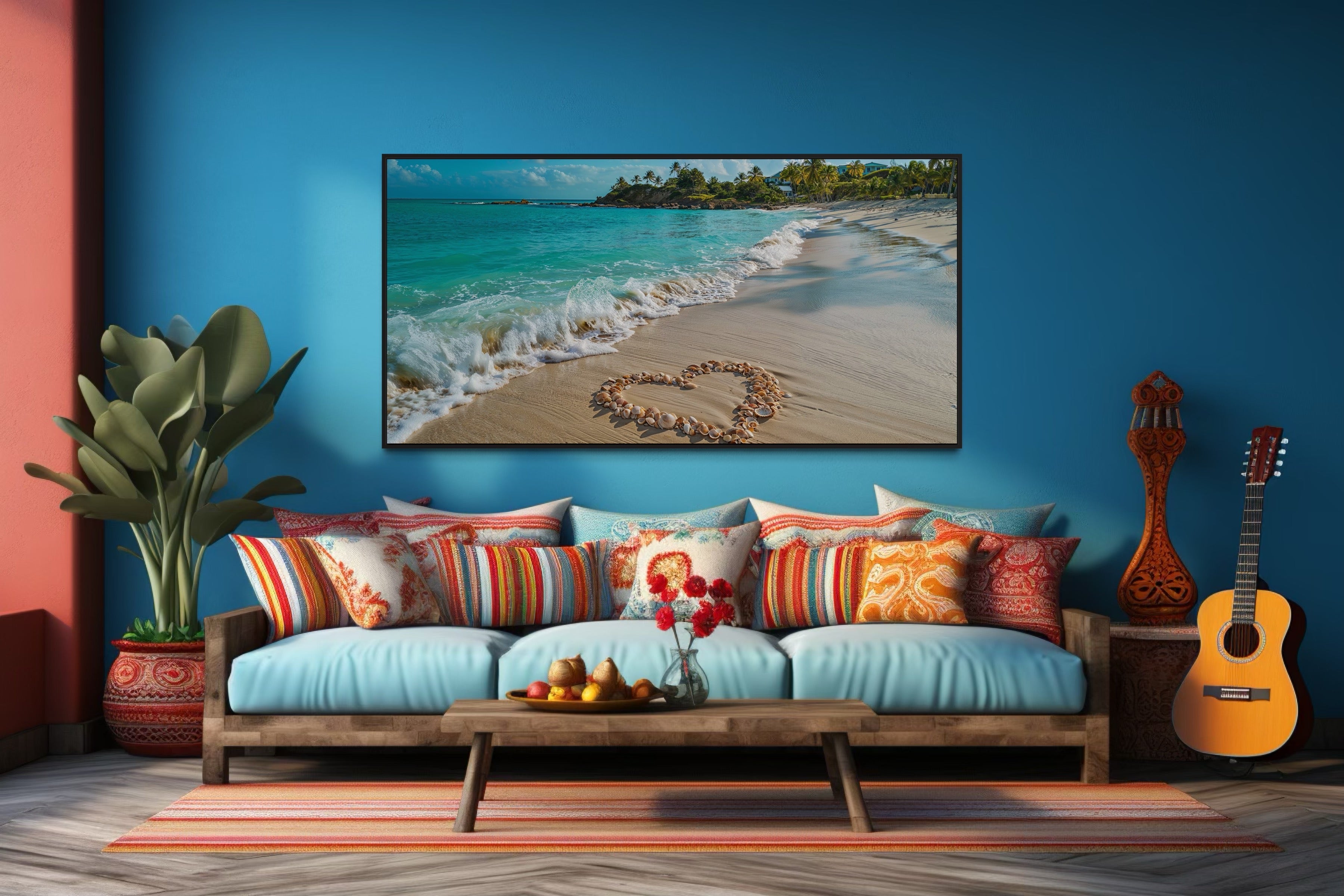 Tropical Beach With Heart Shaped Seashells Romantic Framed Canvas Wall Art